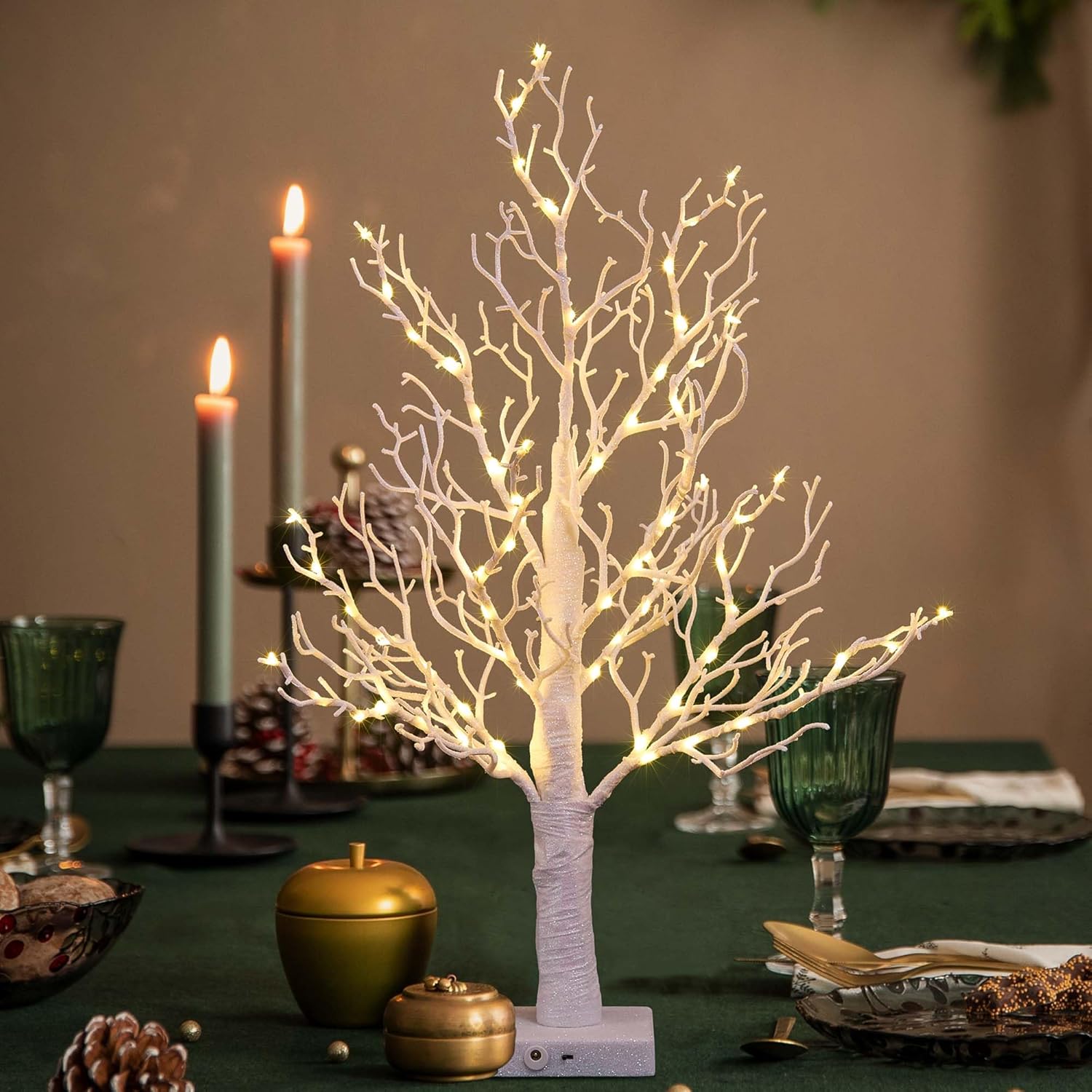LIGHTSHARE 24IN Lighted Willow Tree Bonsai 70 Mini LED Lights Artificial White Birch Tree for Home, Festival, Wedding, Nativity, Party, and Christmas Decoration, Plug in or Battery (White) - Image 2