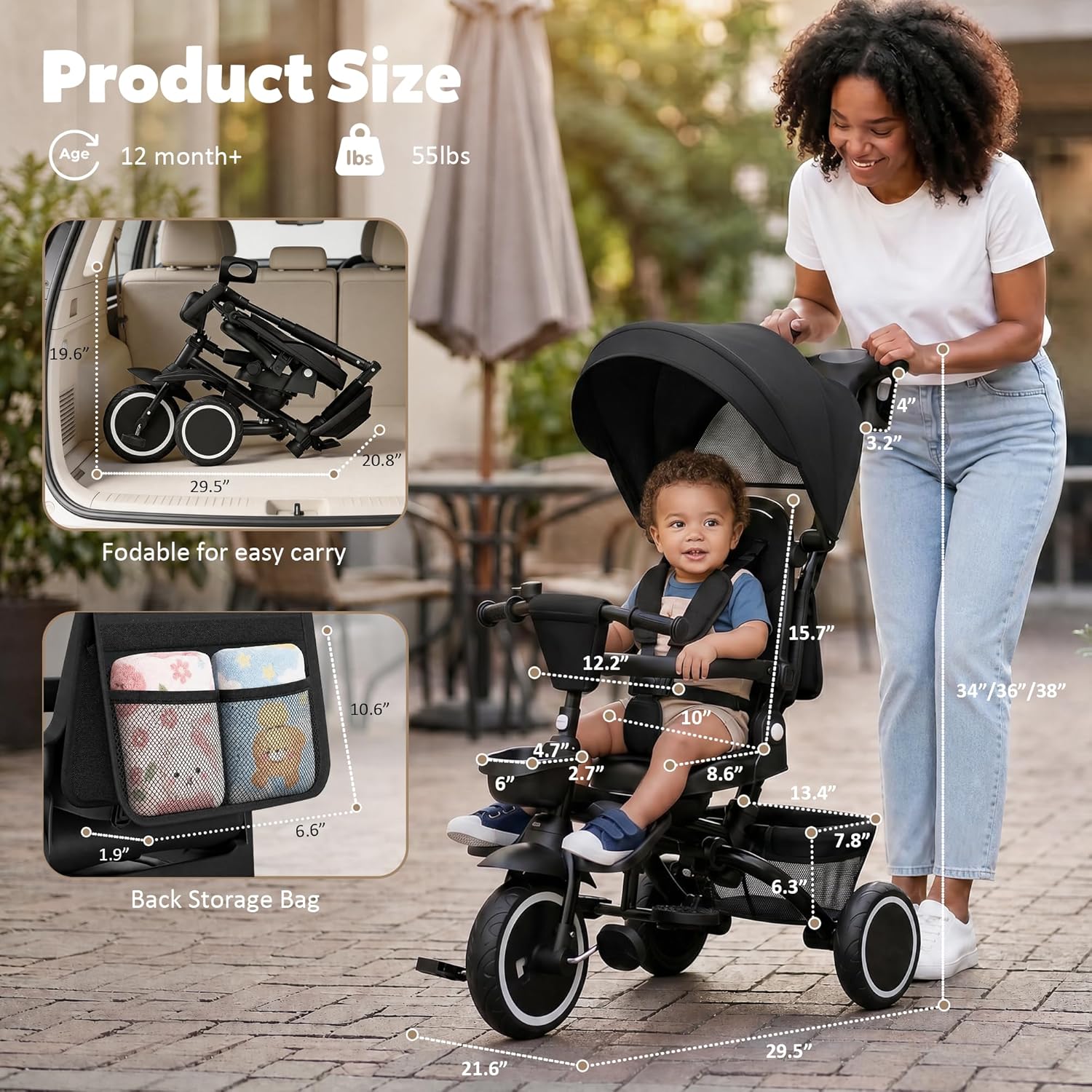 TODEFULL Folding Kids Tricycle, 8 in 1 Toddler Trike W/Removable & Adjustable Canopy, Parent Handle, 5-Piont Harness, Toddler Bike Tricycle for Kids 1-6 Years, EVA Wheels, Storage Basket, Black