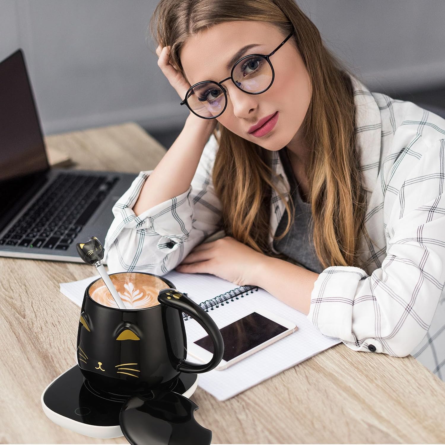 Cat Coffee Cup Coffee Warmer with Mug for Women Electric Mug Heater Temperature Control Ceramic Cute Cat Warmer for Office Valentine' Day Birthday Gift(Black) - Image 7