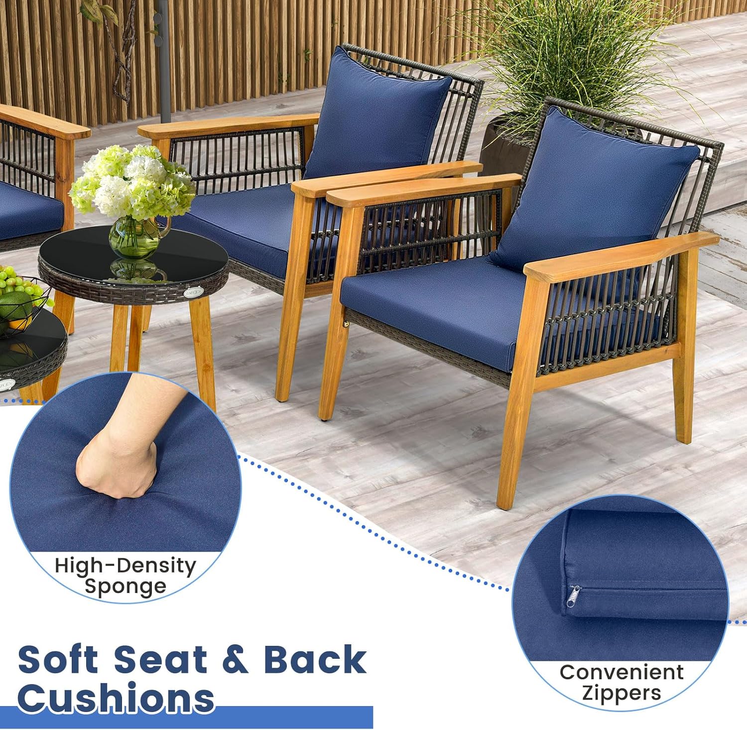 Tangkula 5 Piece Outdoor Conversation Set, Patiojoy Rattan Chair Set with 2 Coffee Tables, Stable Acacia Wood Frame, Cozy Seat & Back Cushions, Patio Wicker Furniture Set for Backyard, Poolside (Navy)