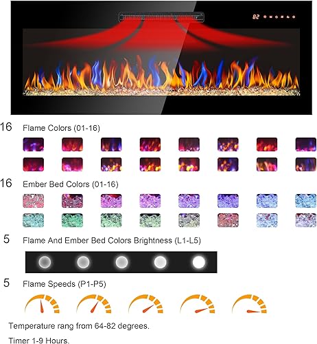 Miniatura 2 de Chimenea eléctrica de 36 pulgadas, estufa de vidrio templado ultrafina de 1400 W montada en la paredempotrada con temperatura de 11 niveles, llama
