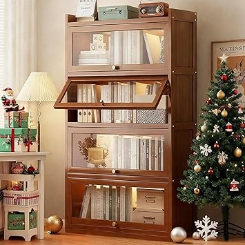 55" Bamboo Bookcases,Book Shelfs with Acrylic Doors,Freestanding Display Storage Shelves for Collectibles,4 Tier Tall Bookshelfs & Bookcases for Living Room Bedroom Home Office