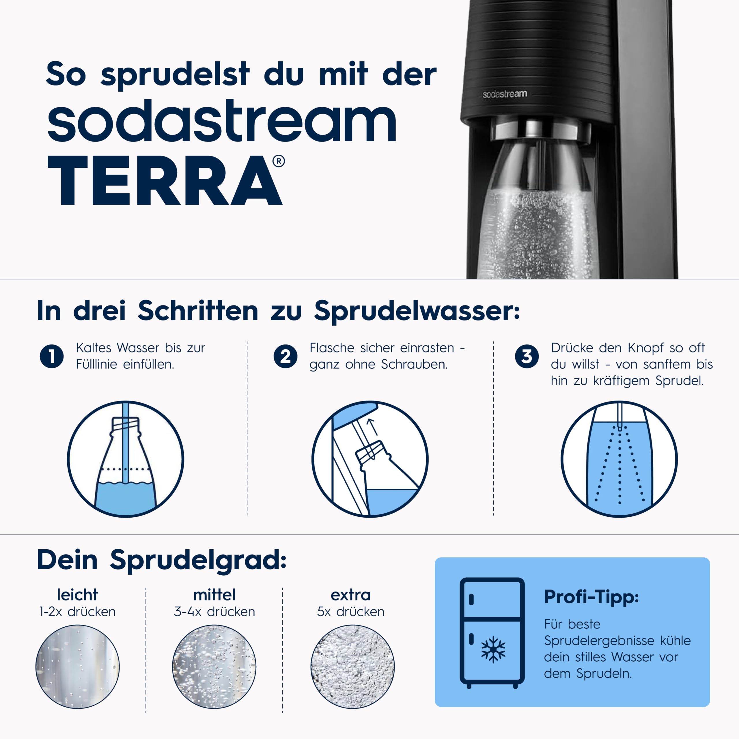 Sodastream TERRA Wassersprudler, Soda Stream Maschine mit Quick Connect 60L CO2-Zylinder, 5x 1L Kunststoff-Sprudlerflaschen, Schwarz