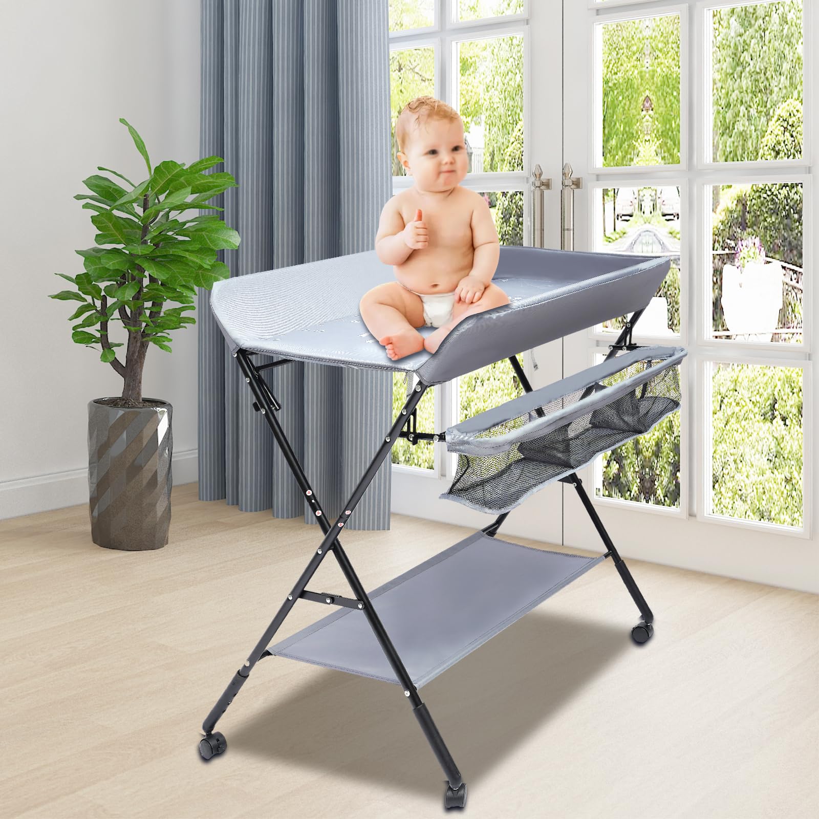 Cambiador de bebé plegable con 4 ruedas giratorias con freno y cambiador, altura ajustable, cómoda para cambiar pañales con compartimento de almacenamiento, color gris oscuro