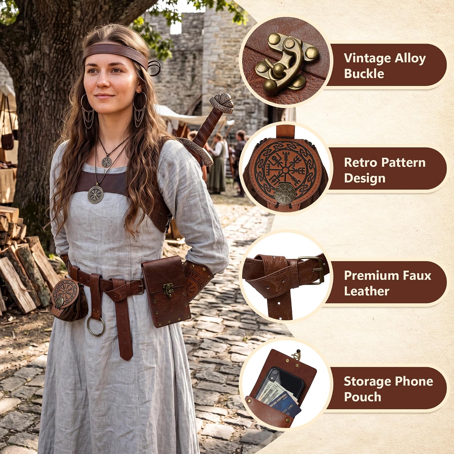 Renaissance Accessories, Medieval Leather Belt Pouch Viking Headpiece