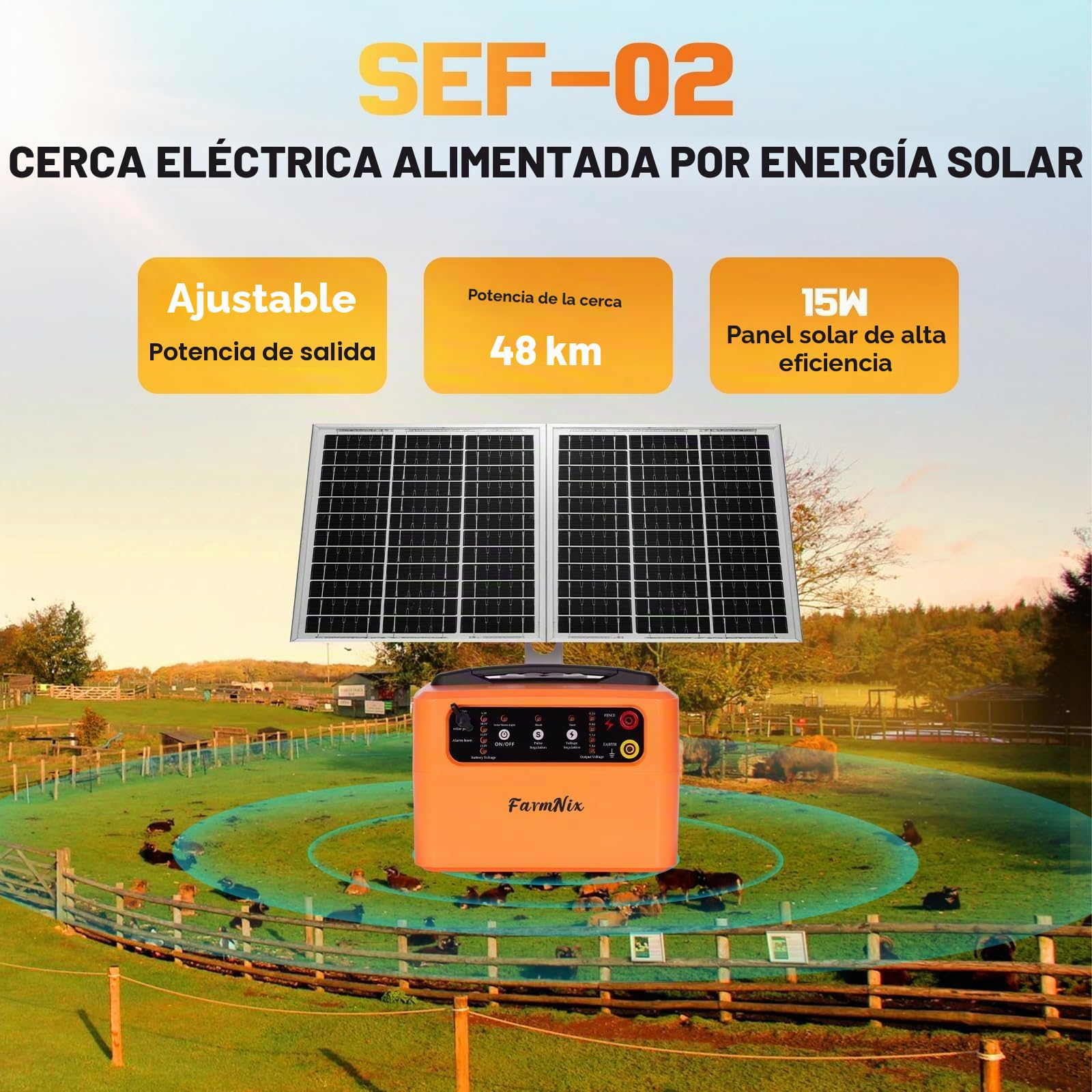 48KM Solar Pastor Electrico, 6KV-12KV pastor electrico Cerca eléctrica Controlador, 0.3-1.5J Cerca eléctrica Pastor para Cría de animales pastores, para Granja Pastar Jardín
