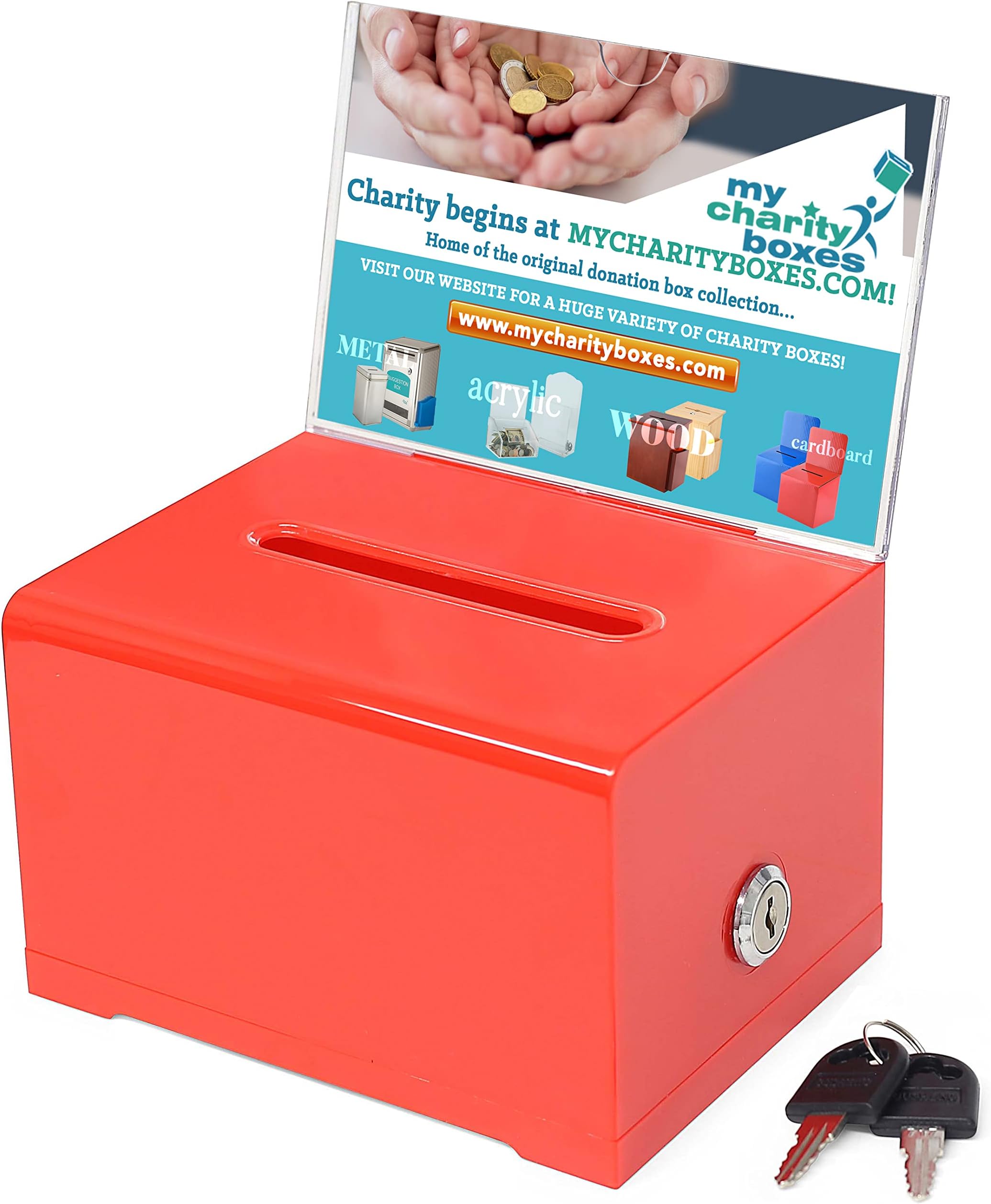 Donation Collection Ballot Box Ticket & Drawing Voting or Comment Box office and fundraising suggestion box 6.25 x 4.75 x 4 inch, Display Sign Holder 4 x 6 inch with Lock and keys (Red)