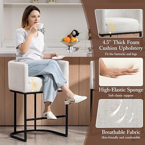 Miniatura 3 de Juego de 2 taburetes de bar de altura de mostrador, taburetes de bar tapizados de tela de lino moderna con brazos, taburete de cocina de 25