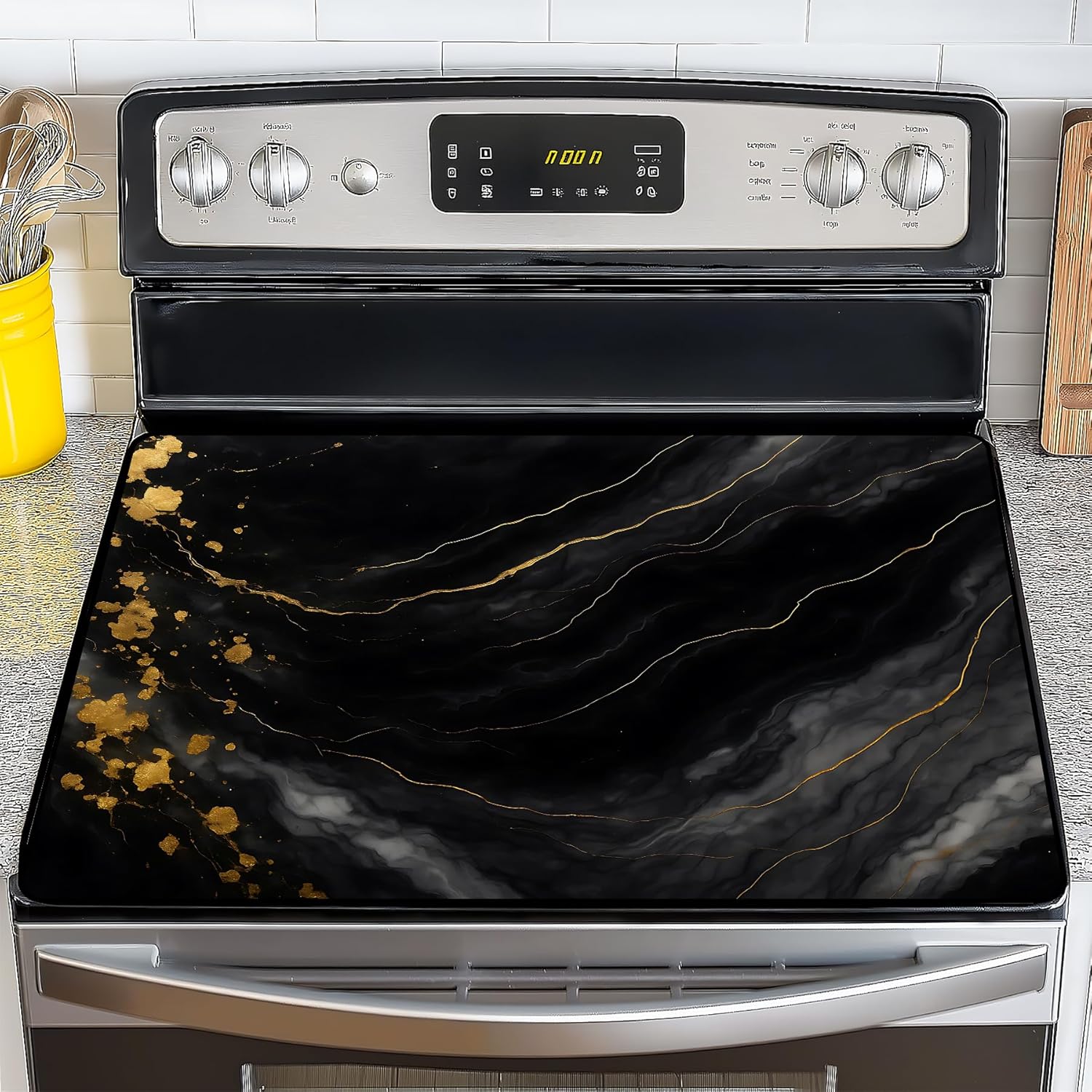NYZE Stove Top Cover for Electric/Glass Stove, 28x20 Inch Black & Gold Marble Stovetop Cover Flat Top Protector Dish Drying Mat for Kitchen