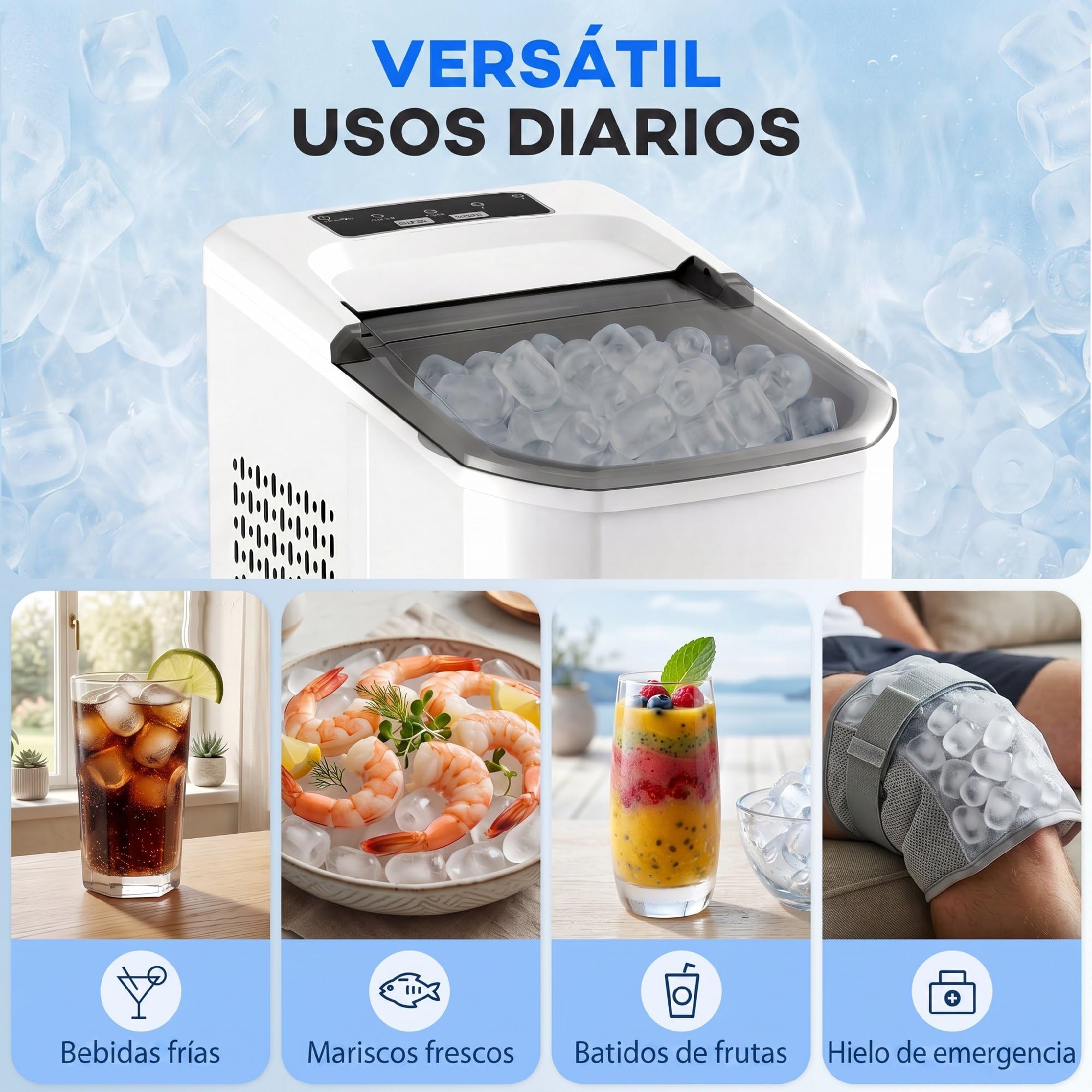 HOMCOM Máquina de Hielo, Máquina de Cubitos de Hielo Autolimpiable, 12 kg/24H, 9 Cubitos Listos en 7 Minutos, 2 Tamaños de Hielo, 1,5L Depósito, para Hogar, Cocina, Oficina, Bar, Blanco — view 8