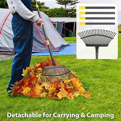 Miniatura 6 de Rastrillo de hojas de 25 dientes de metal, rastrillo de jardín para hojas y césped, herramientas manuales de jardinería y mango de acero largo de 65