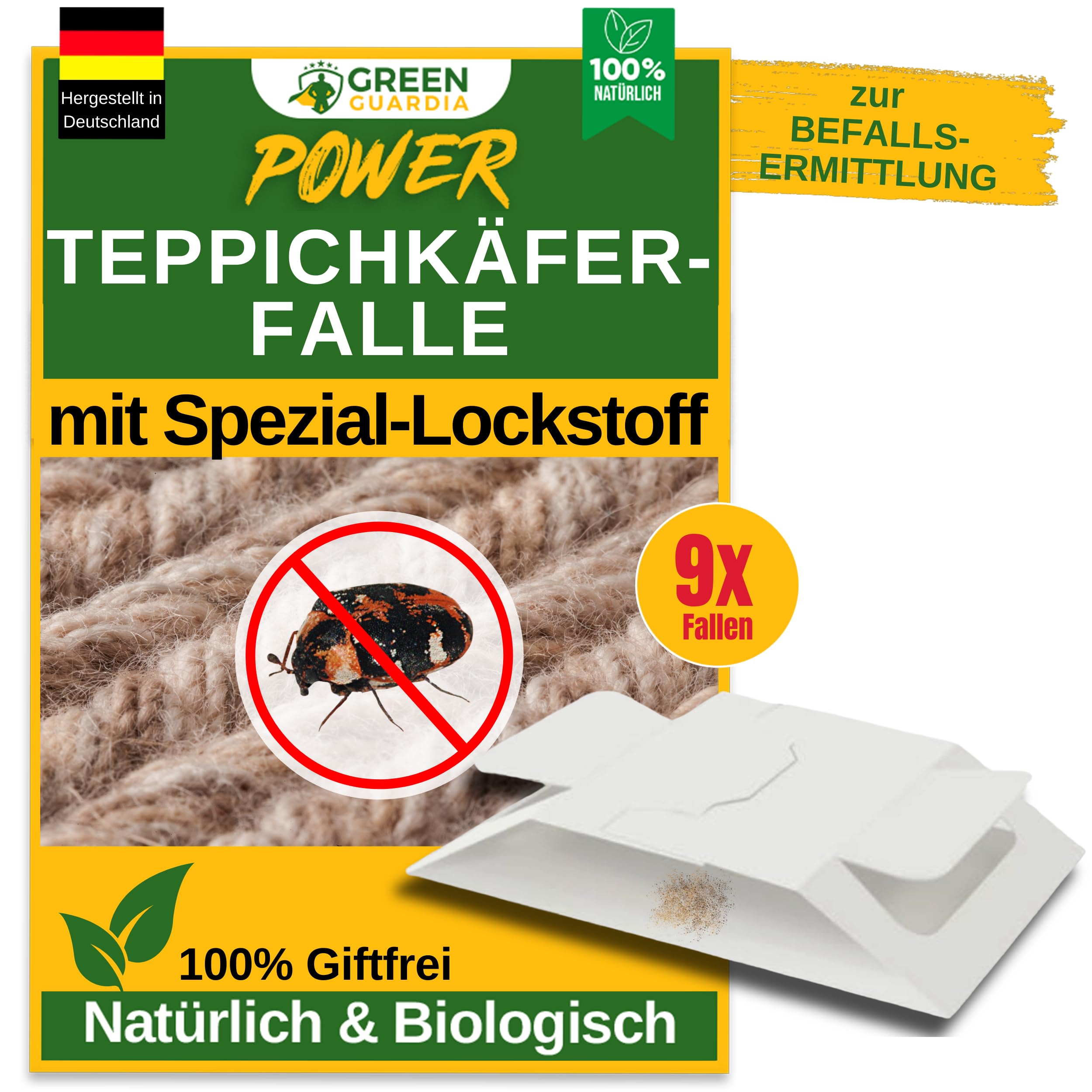 GREEN GUARDIA Teppichkäfer Falle mit Spezial-Lockstoff - 9X Teppichkäfer Fallen - umweltfreundlich Teppichkäfer bekämpfen, Chemiefreie Falle mit starker Klebefläche, giftfrei & geruchsneutral