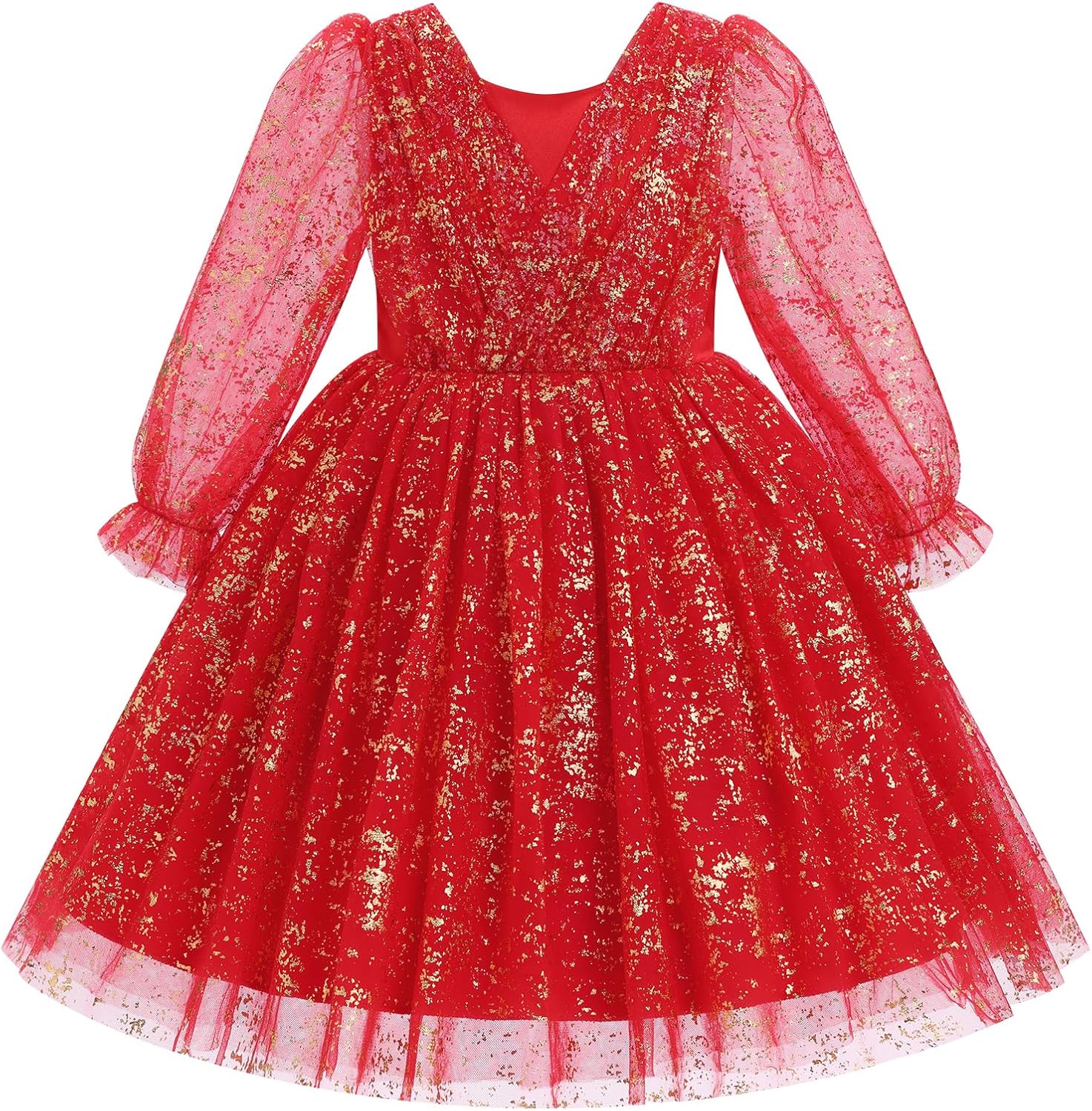 OBEEII Girls Birthday Party Long Sleeve Star Glitters Tulle Tutu Dress Sequins Bowknot Princess Pageant Christmas Dress