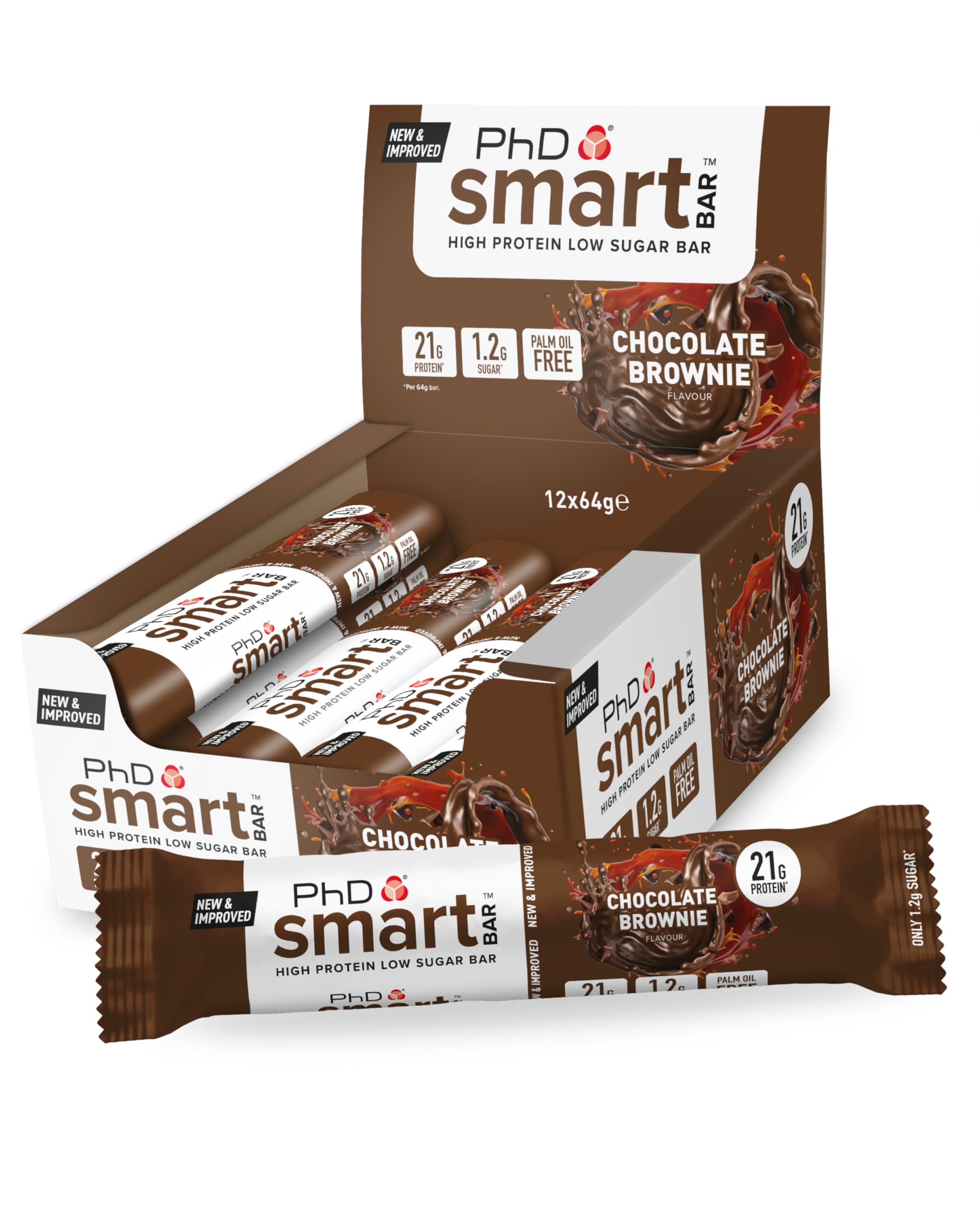 PhD Nutrition Smart Bar Barrette Proteiche Brownie al Cioccolato 12 x 64g - Snack ad alto contenuto proteico con 21g di proteine e poco zucchero, Barretta proteica amica dei macro