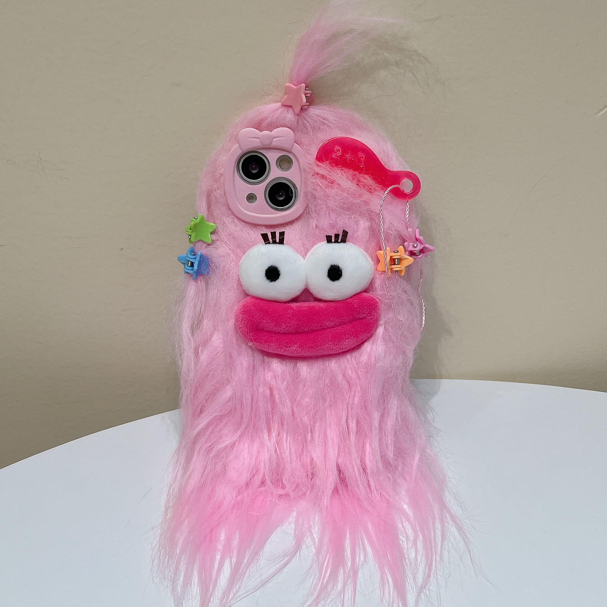 Aeilene Pink Furry Phone Case for iPhone 13 Pro, Cute DIY Long Hair Funny Thick Mouth Warm Plush Cases, 3D Cartoon Fuzzy Winter Protective Cover for