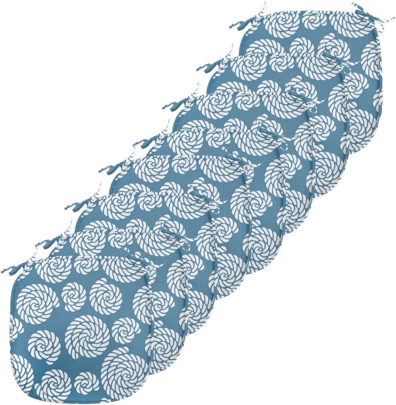 Lunarable Nautical Chair Seating Cushion Set of 8, Navy Concept Knots Fishing Loop Jute Sailing Ship Sailing Yacht Theme, Anti-Slip Seat Padding for Kitchen & Patio, 16"x16", Petrol Blue White