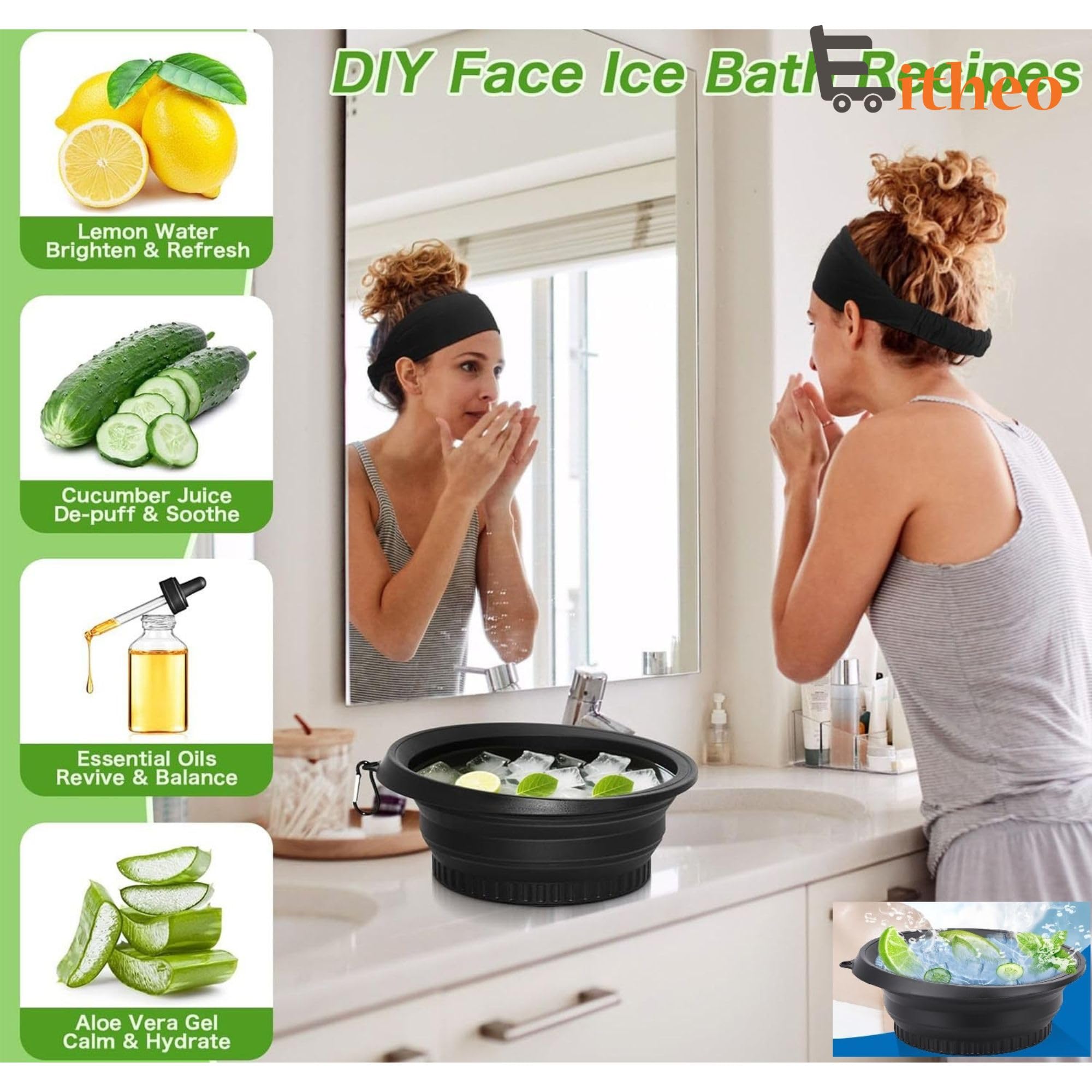 Eitheo Silicone Face Bowl for Ice with Built-In Ice Tray | Collapsible Ice Facial Bowl for Face Ice Bath | Portable Foldable BPA-Free Facial Ice Plunge Tub for Home Skincare | Ice Water Facial Bowl for Men & Women (Black) 2