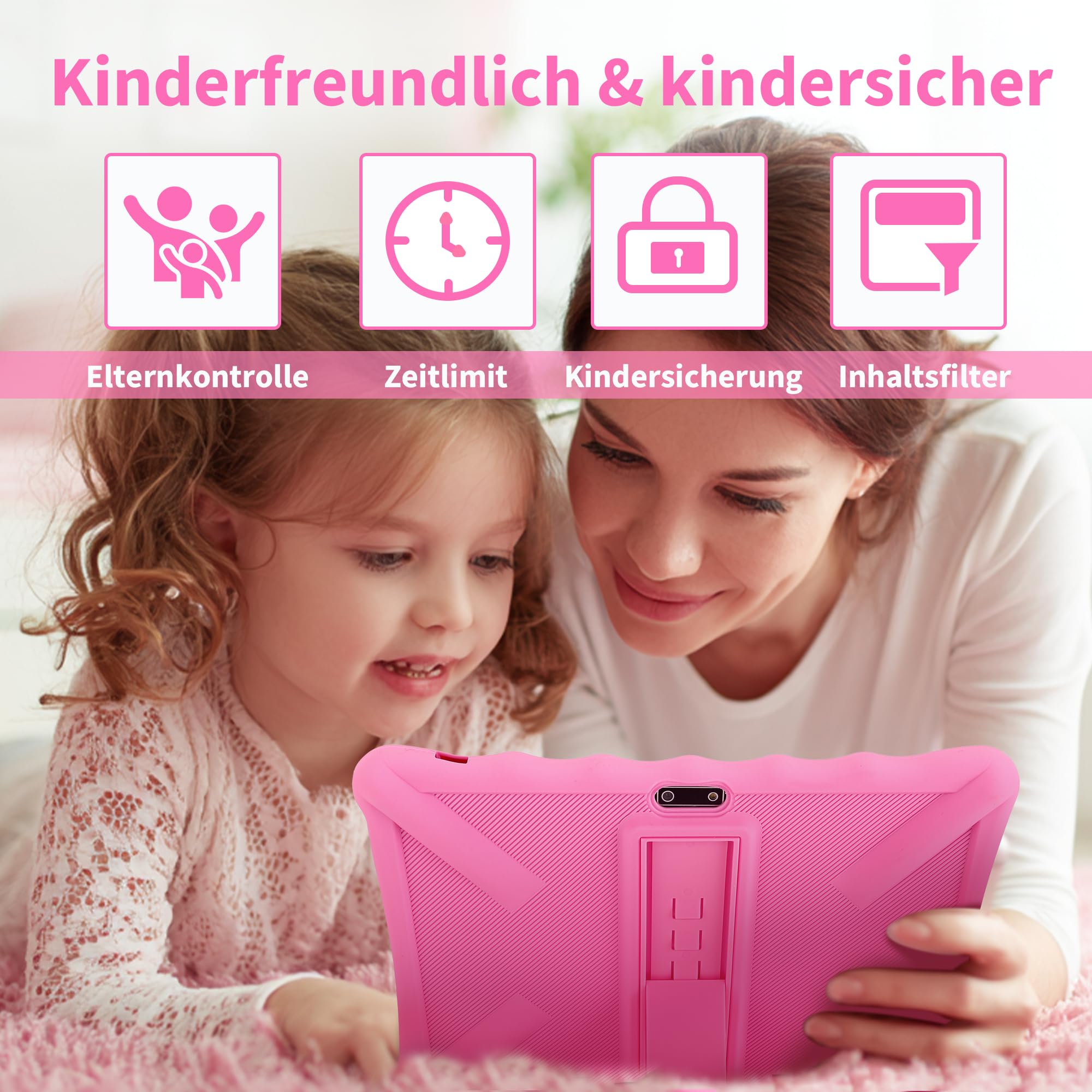 Veidoo Kinder-Tablet – 25,7 cm (10,1 Zoll) IPS-Augenpflege-Bildschirm, 7 GB (3 + 4) RAM, 64 GB ROM 512 GB erweiterbar, Dual-Kamera, WiFi 6, Octa-Core-Kindersicherungs-Tablet mit Silikon-Schutzhülle