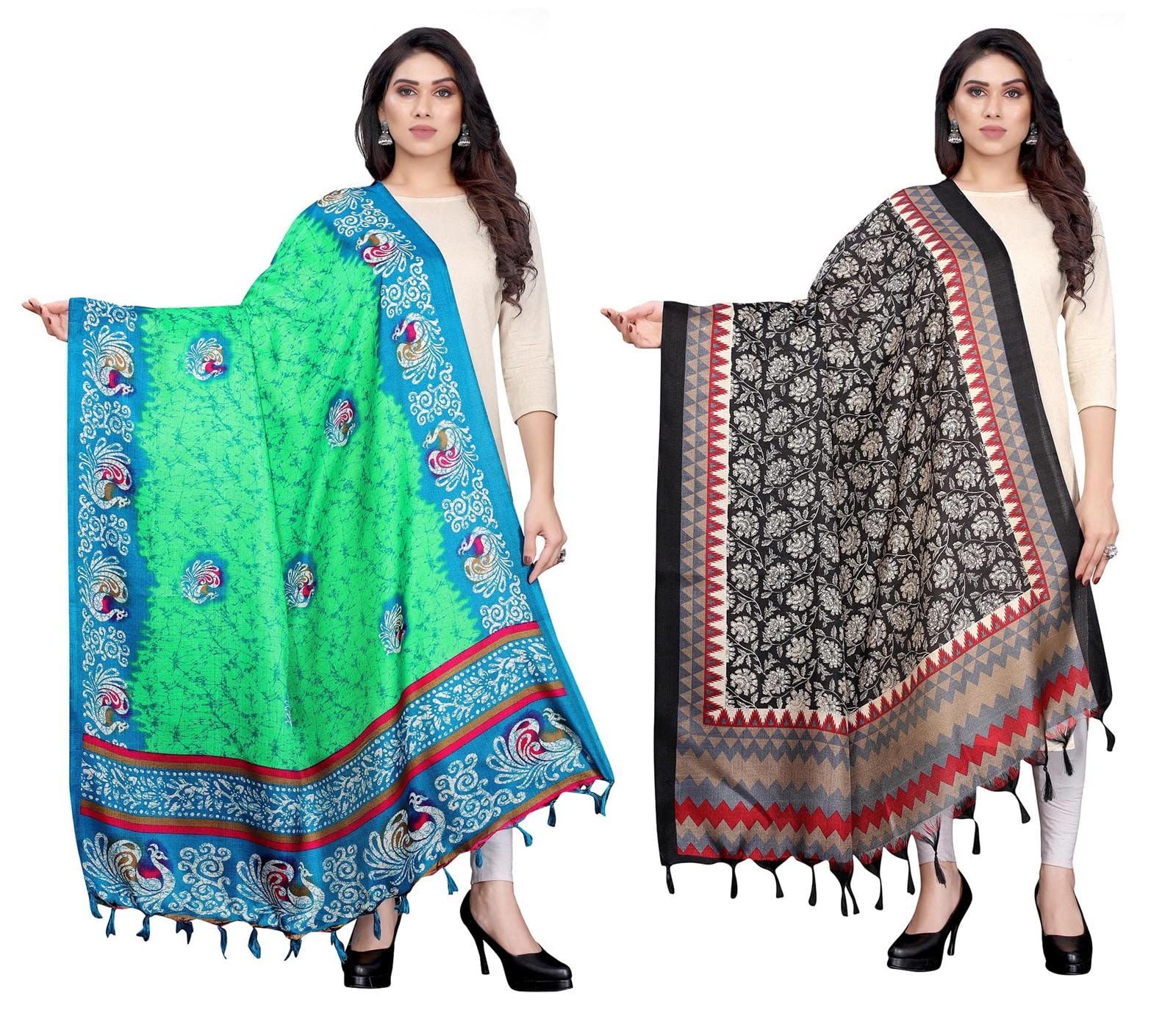 Peegli Women Dupatta Combo Of 2 Pcs Bhagalpuri Silk Stole Neck Wrap Indian Scarf