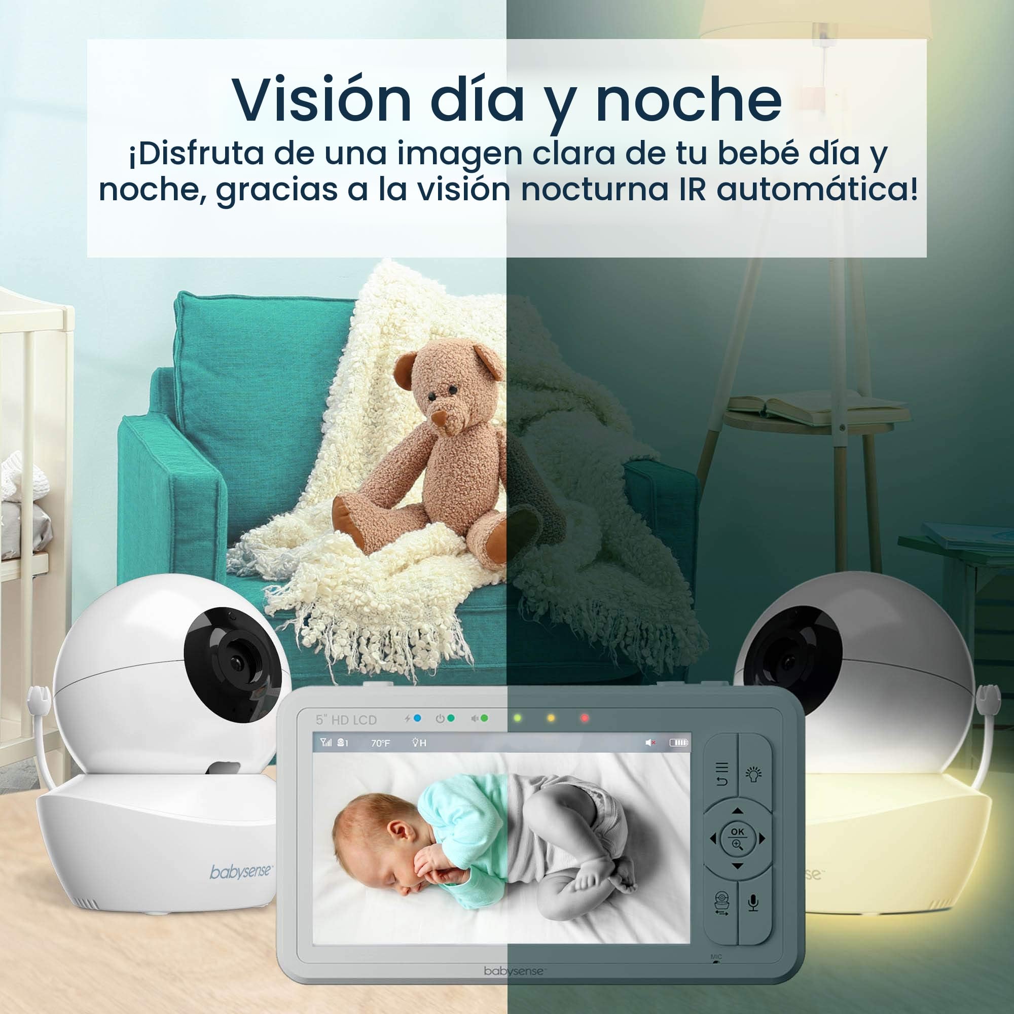 Babysense HDS2 Monitor de Vídeo para Bebé con Cámara y Audio, Vigilabebés de 5" HD 720p, sin WiFi, Luz Nocturna Ajustable, Alcance Extendido, Audio Bidireccional, Zoom 4X, Visión Nocturna, Batería