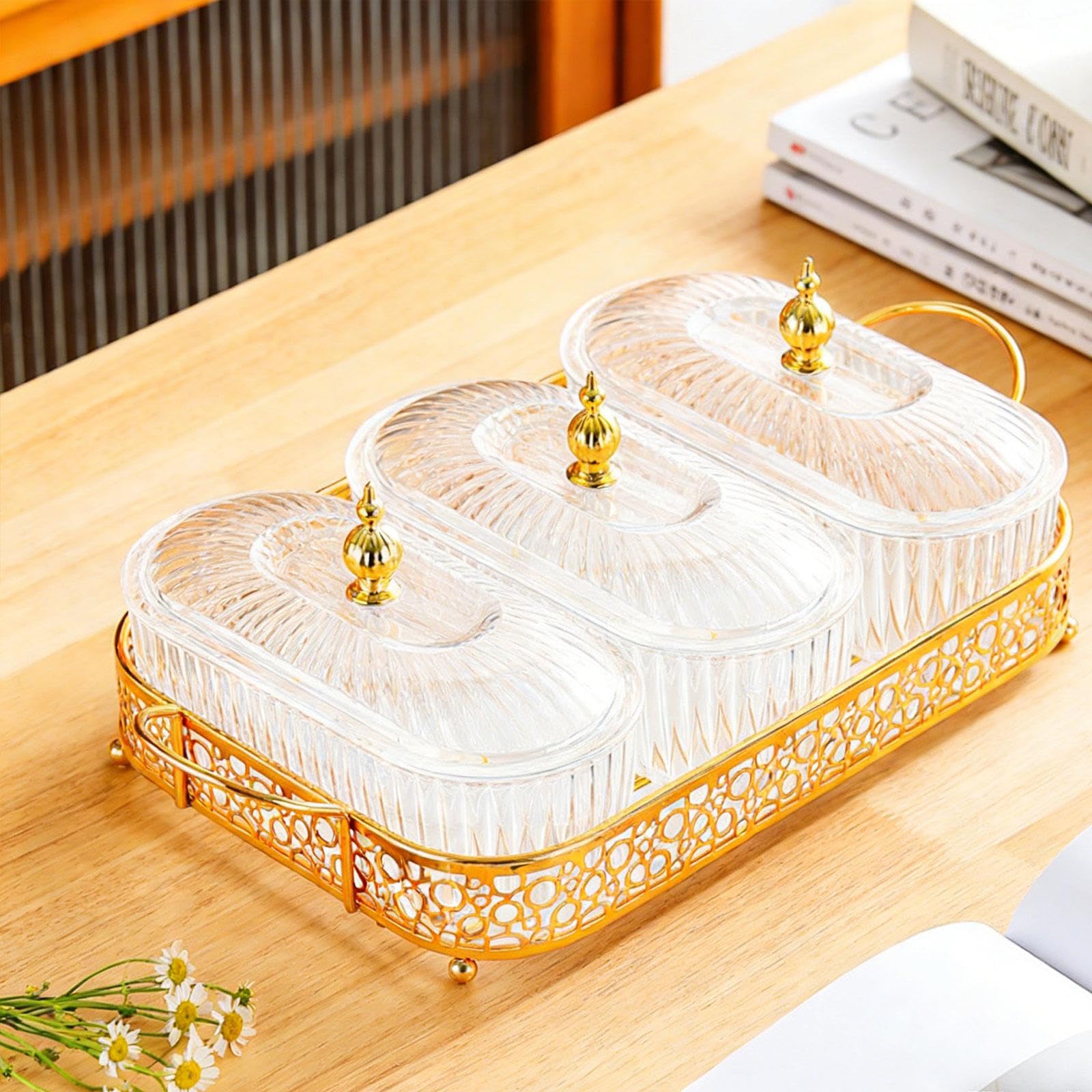 Plateau à Condiments avec Compartiments et Couvercle Amovible. Structure Légère et Raffinée En PP. Idéal pour La Salle à Manger, La Cuisine et Les Réu, Clair, 3 Grille