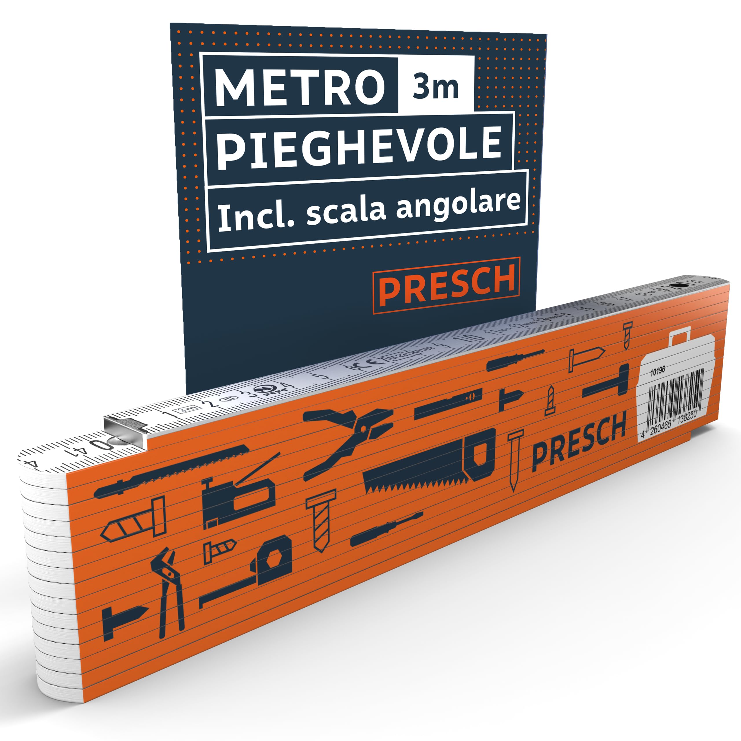 Presch Metro Pieghevole da 3 Metri con Scala degli Angoli - Legno Arancione - Numeri Grandi - Metro Righello con Motivo Strumenti
