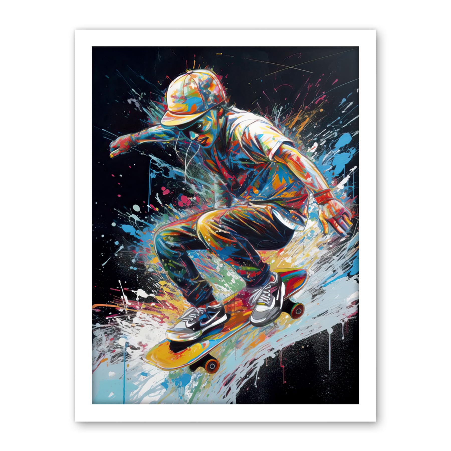 Artery8 Skateboarder Skating Multicoloured Splat Paint Artwork Framed Wall Art Print 18X24 Inch