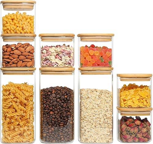 ComSaf Recipiente hermético de almacenamiento de vidrio con tapa de madera (50 onzas/20 onzas), recipiente transparente para almacenamiento de
