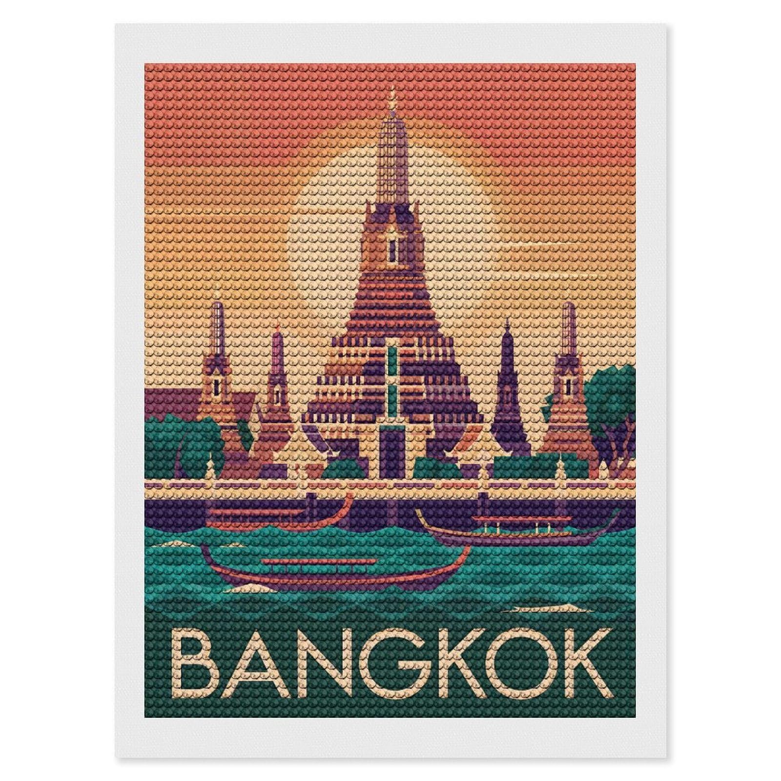Junmoney Bangkok Travel DIY Diamond Art Canvas Kit 12"x16", Simple to Start, Fun Craft Experience, Modern Decor, Gift Idea, Adhesive Canvas