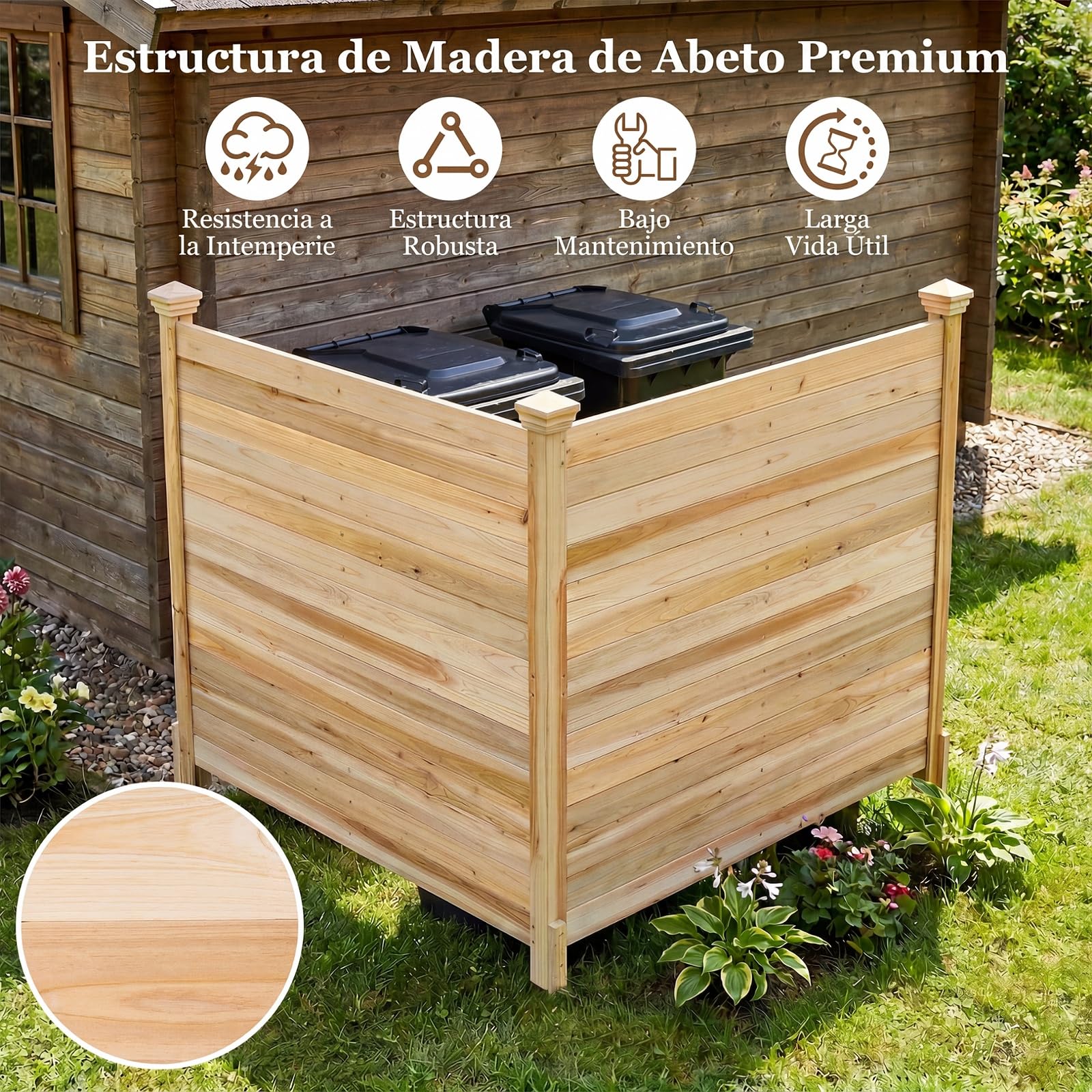 COSTWAY Valla de Privacidad de 2 Paneles, 1190 x 1190 mm, Vallas Jardín de Madera Abeto con Estacas de Tierra Metálicas, Pantallas para Cubos de Basura para Jardín (Natural)