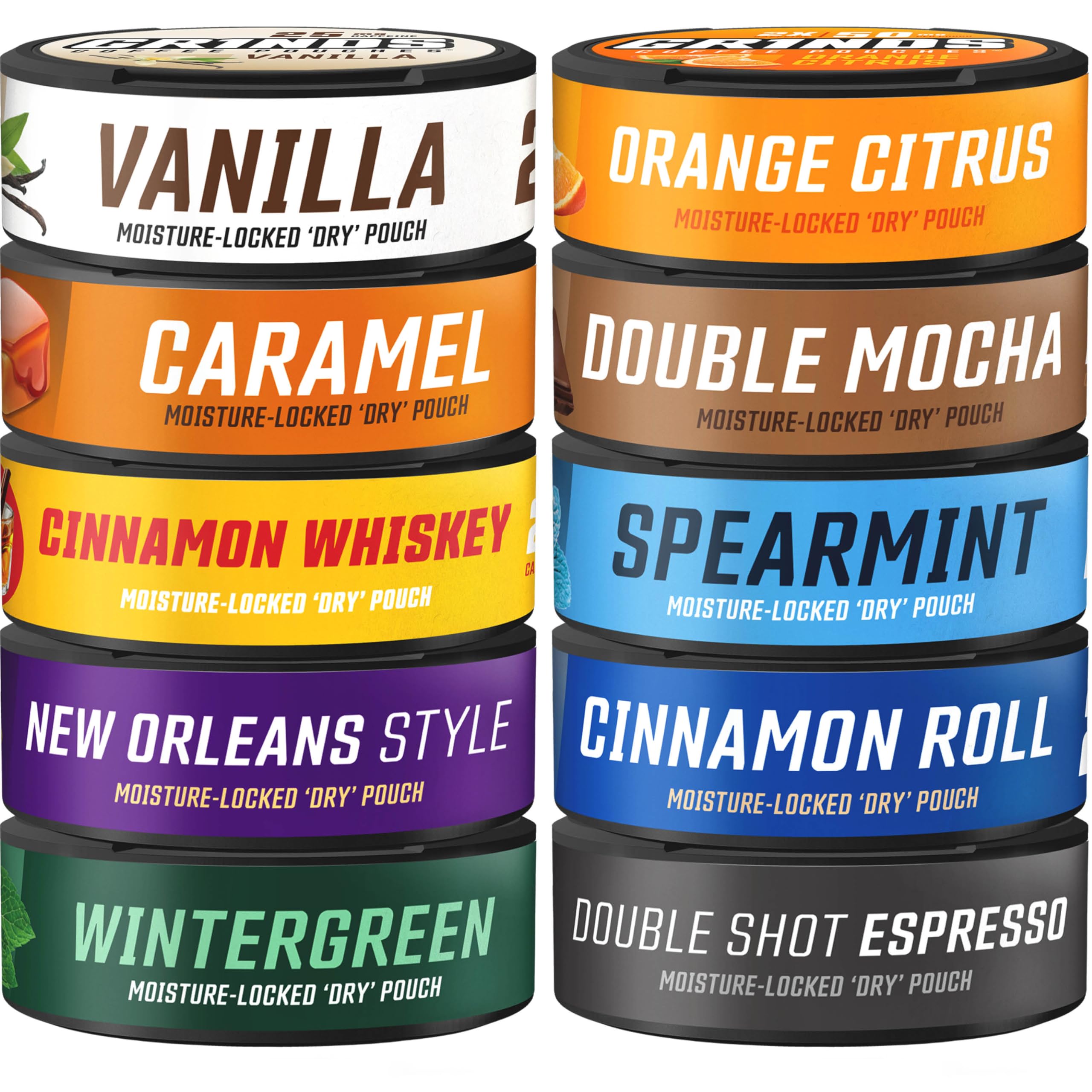 GRINDS Coffee Pouches | Try Em All 10 Can Variety Pack | Tobacco & Nicotine Free | Chewing Alternative | 18 Pouches | 1 Pouch eq. 1/4 Cup of Coffee (Try Em All 10 Can Variety Pack)