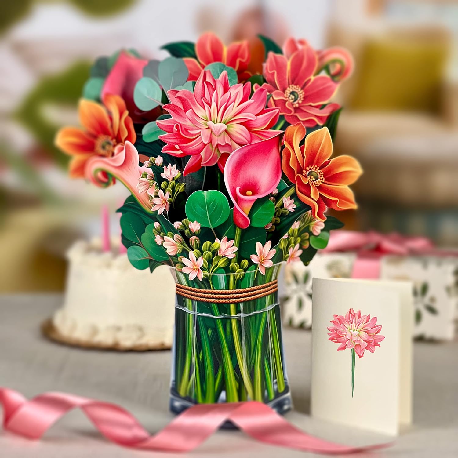 Freshcut Paper Pop Up Cards, Dear Dahlia, 12 inch Life Sized Forever Flower Bouquet 3D Popup Greeting Cards with Note Card and Envelope - Dahlia & Cala Lily Flowers : Office Products