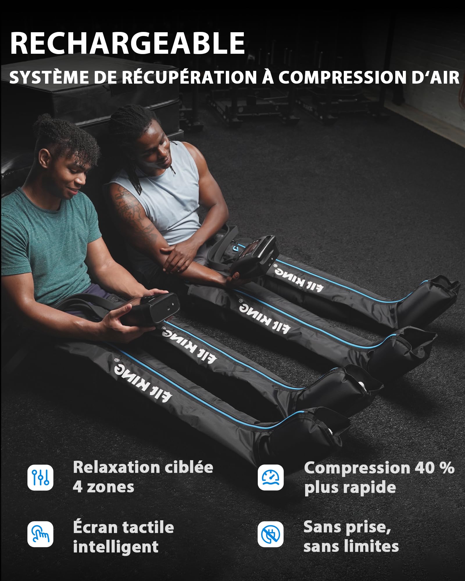 FIT KING Système de compression professionnel de compression d'air pour les jambes, bottes de récupération portables rechargeables, dispositif de compression pneumatique, récupération rapide et