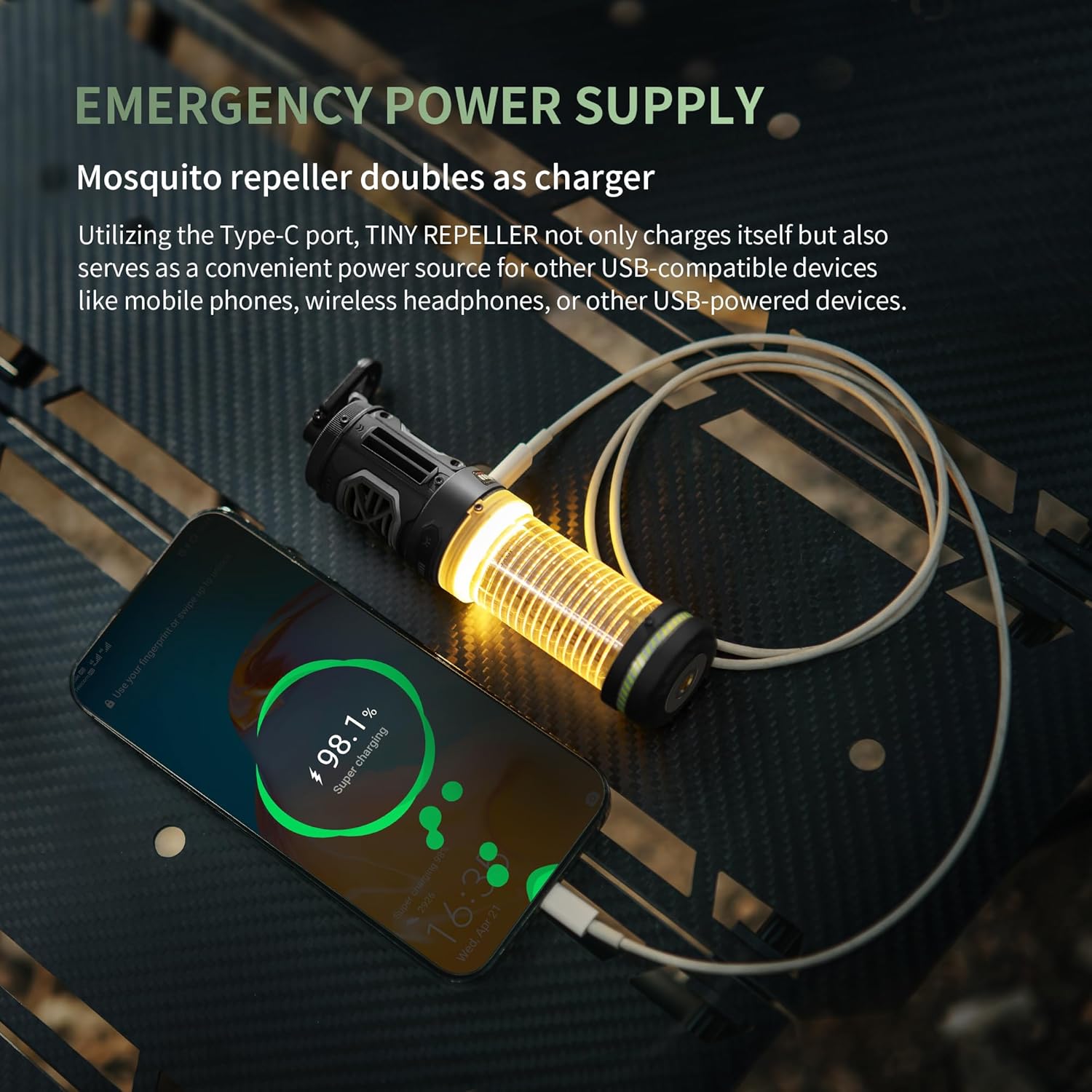 FLEXTAIL Tiny Repeller charging a smartphone via USB-C