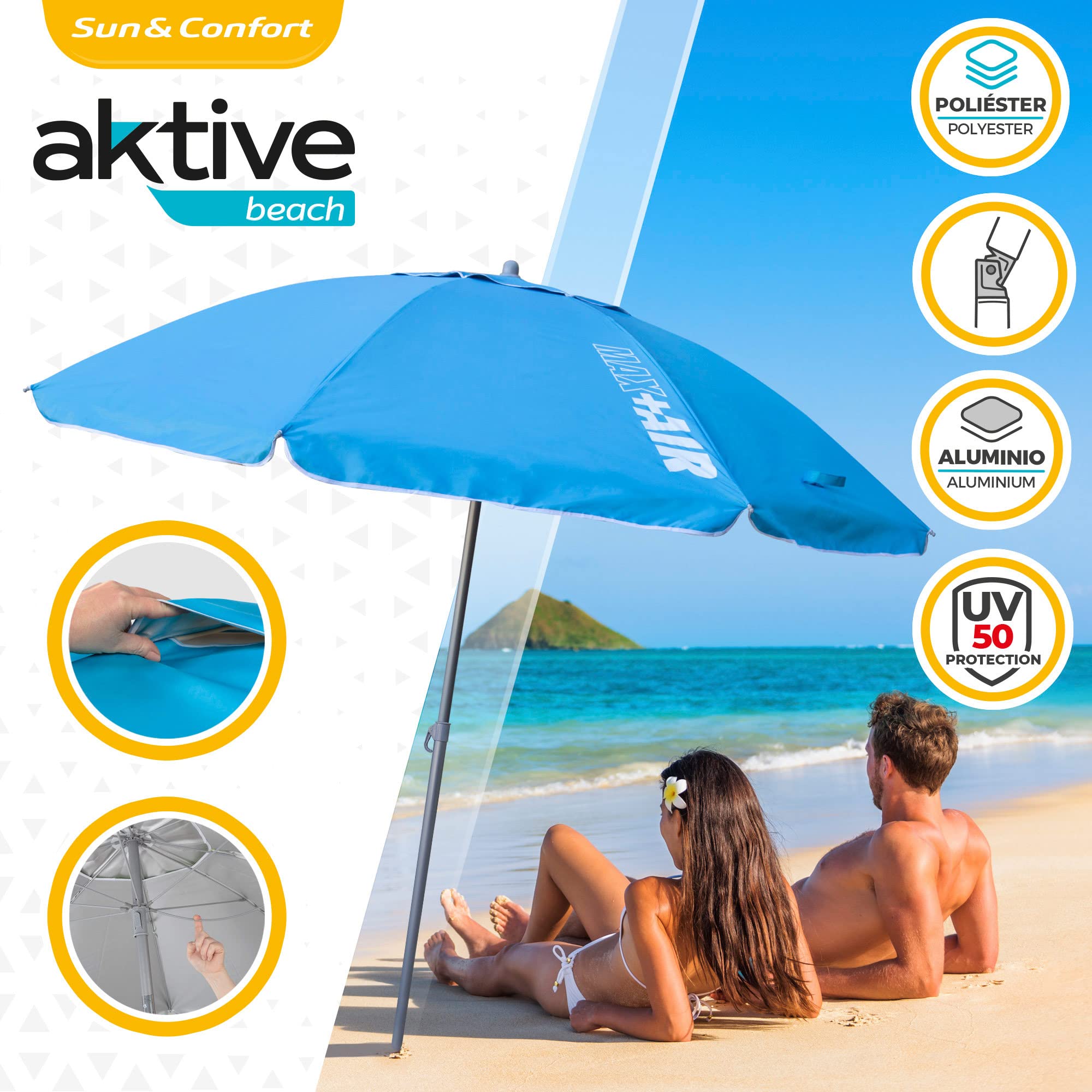 AKTIVE 62239 - Ombrellone da spiaggia grande antivento ultra resistente | Albero inclinabile | Include borsa portaoggetti con maniglia per il trasporto | Grande ombrellone da spiaggia blu