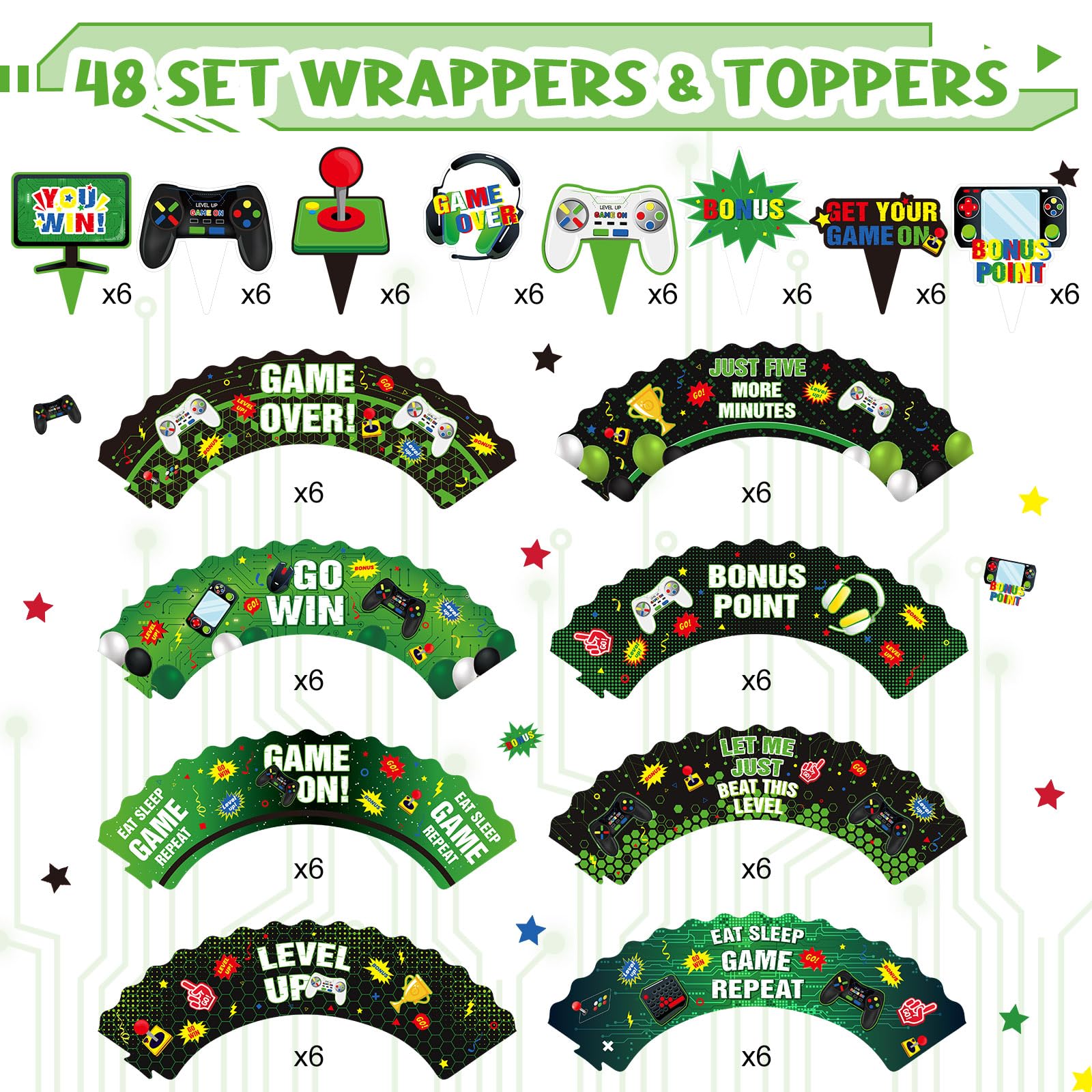 Video Game Cupcake Toppers & Wrappers - 96 Pc Gaming Party Decor For Gamer Birthday, Neon Theme