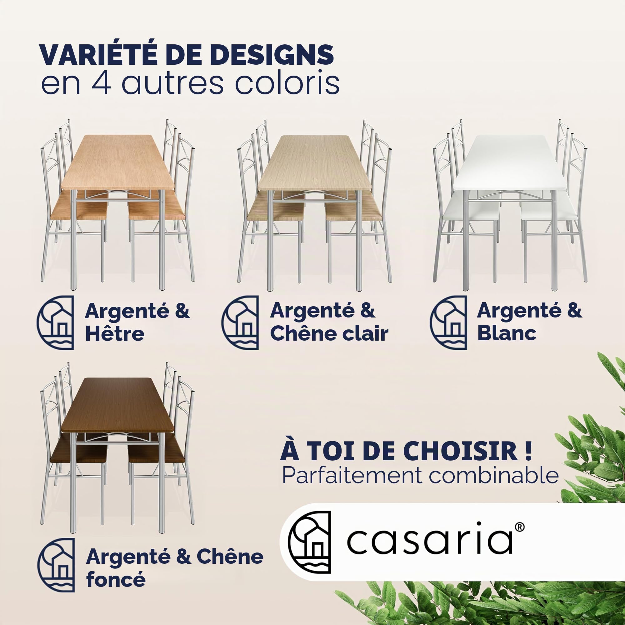 Casaria® Ensemble Table à Manger avec 4 chaises Noir Ensemble de Meubles 5 pièces pour Salle à Manger Cuisine en métal laqué MDF