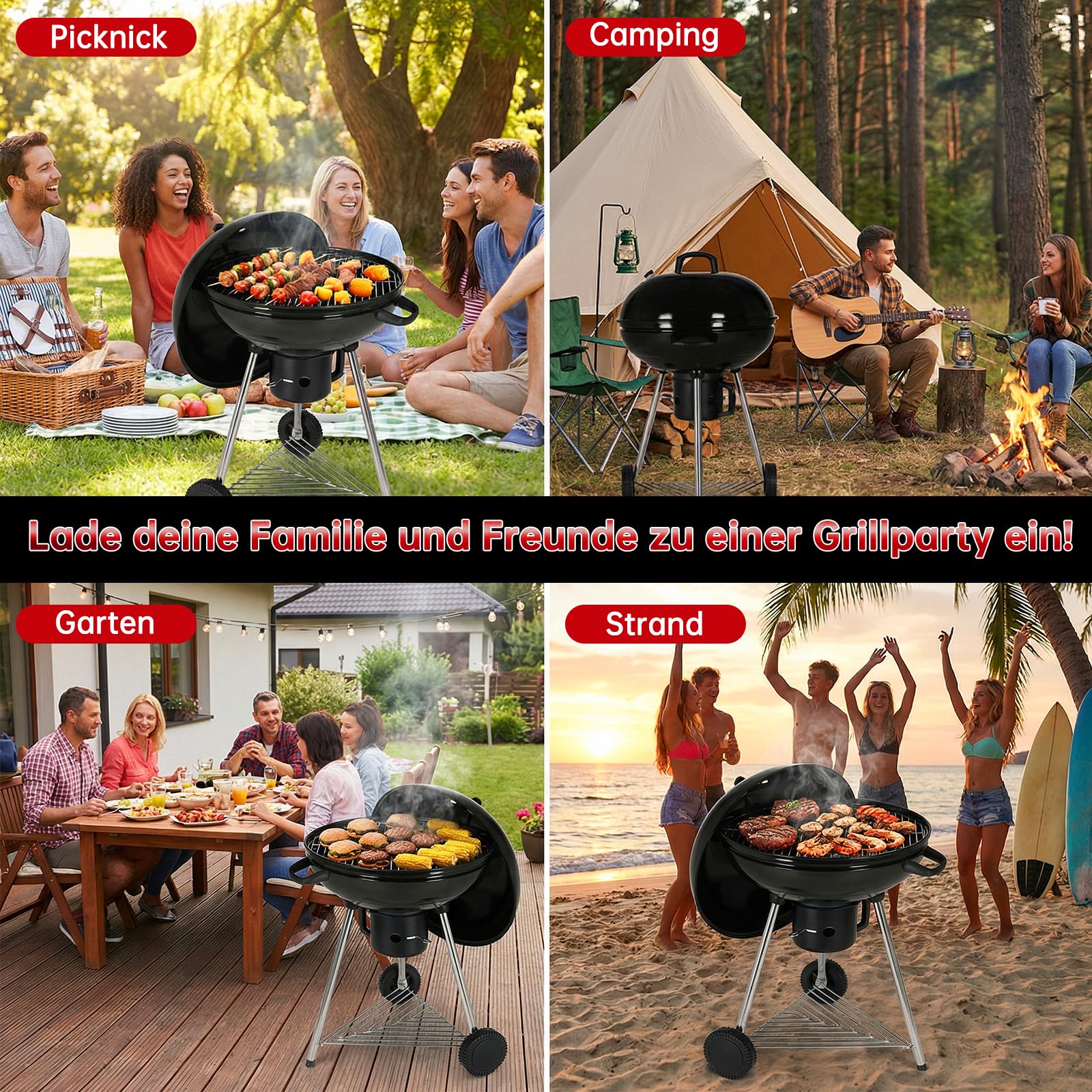 TLSUNNY Kugelgrill Ø 57 cm, Holzkohlegrill/Porzellanemaillierter Deckel und Kessel, 55 cm Grillfläche, H97 cm, Grill Holzkohle für Camping, mit abnehmbaren Aschekasten, Dreibein-Ständer und 2PCS Räder