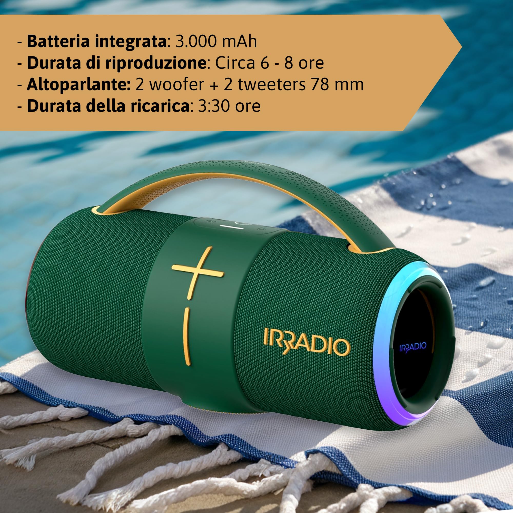 IRRADIO IR-H68, Cassa Bluetooth, Diffusore Wireless Colorato e Potente, Suono Hi-Fi, luci LED RGB, Impermeabile IPX6, 50W di Potenza, Funzione True Wireless Stereo, Ideale per l’Ascolto Indoor e Outdo