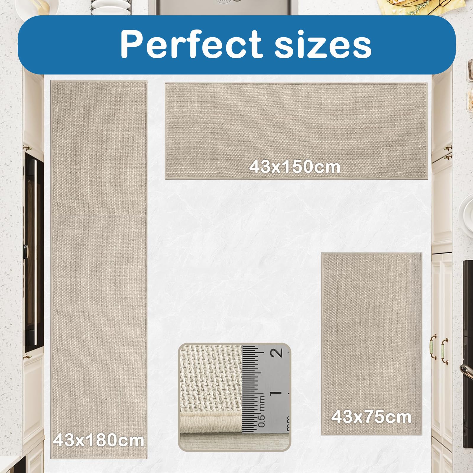 Küchenläufer rutschfest, Küchenteppich Waschbar, Gewebte Teppich Küche Saugfähig, Hochwertige Küchenmatten, Teppich Läufer Flur für Küche, Esszimmer, Waschküche (Beige, 43x75cm)