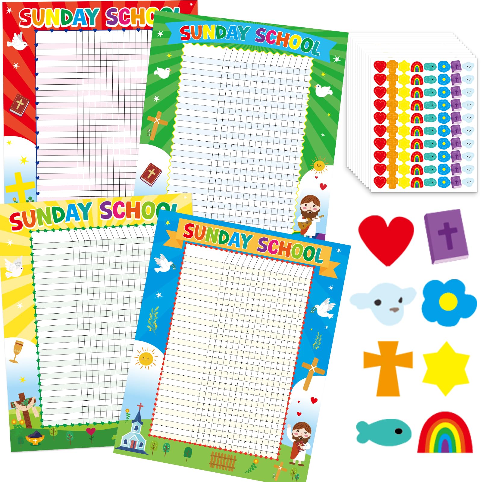 Sunday School Attendance Chart for Kids Christian Classroom Incentive Chart with Stickers for VBS Behavior Reward Church Religious Theme Activities Supplies Party Decoration Favors 8Pcs