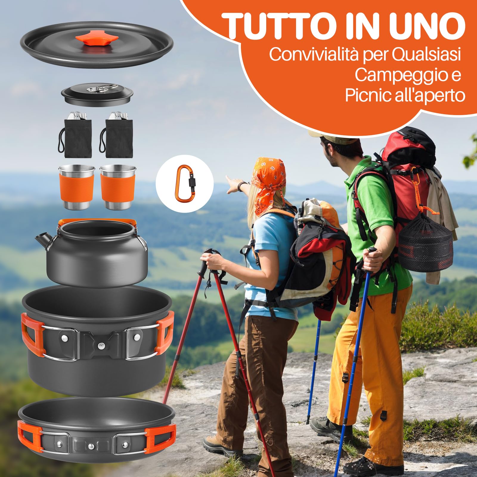 FUNYKICH 17 Pezzi Set di Pentole da Campeggio in Alluminio,Posate Pieghevoli,con Bollitore,Tazze in Acciaio Inox e Moschettone, per Pesca,Picnic e Escursioni
