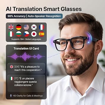 AI Smart Glasses with 164-Language Translation & Bluetooth Audio