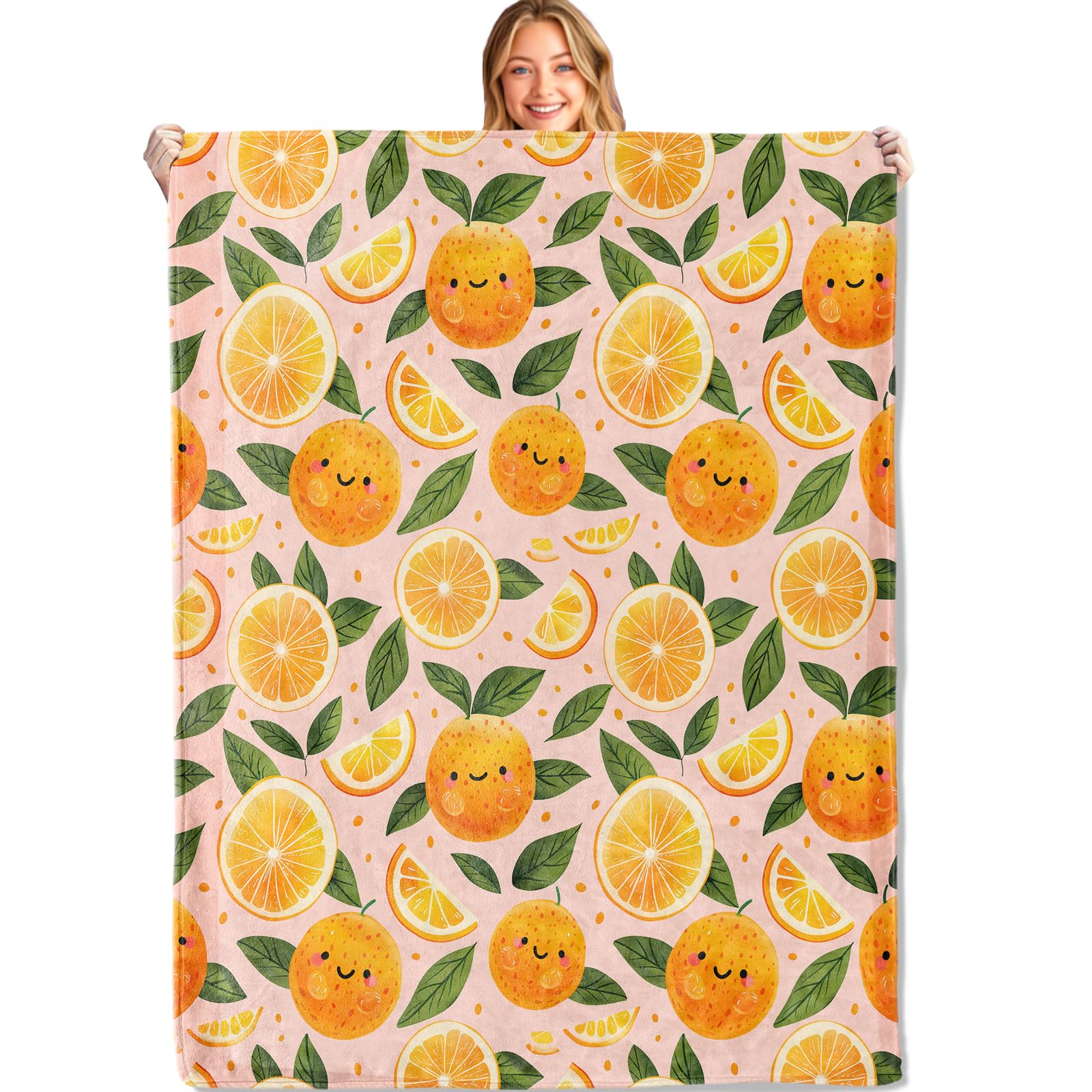 MIEPOS Cute Orange Throw Blanket - 40x50in,Ultra Soft, Cozy Lightweight Flannel,Smiling Oranges and Citrus Blankets - Gifts for Kids & Fruit Lovers,