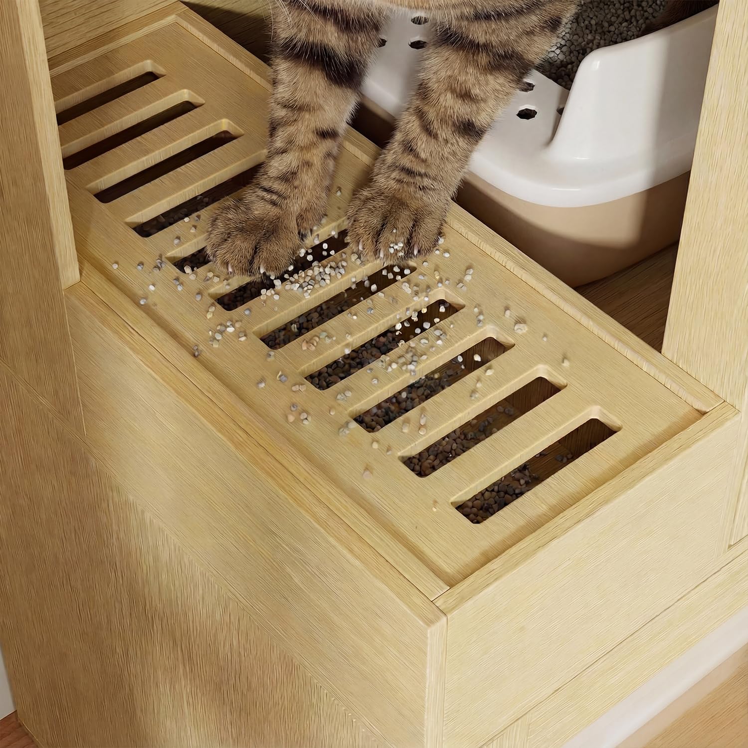 Armario para arenero de gato de 3 niveles con cajón y puerta & entrada, 3 en 1 casa para gatos arenero mesa auxiliar, armario para arenero de gato cómoda para gatos, cueva para mascotas, color madera
