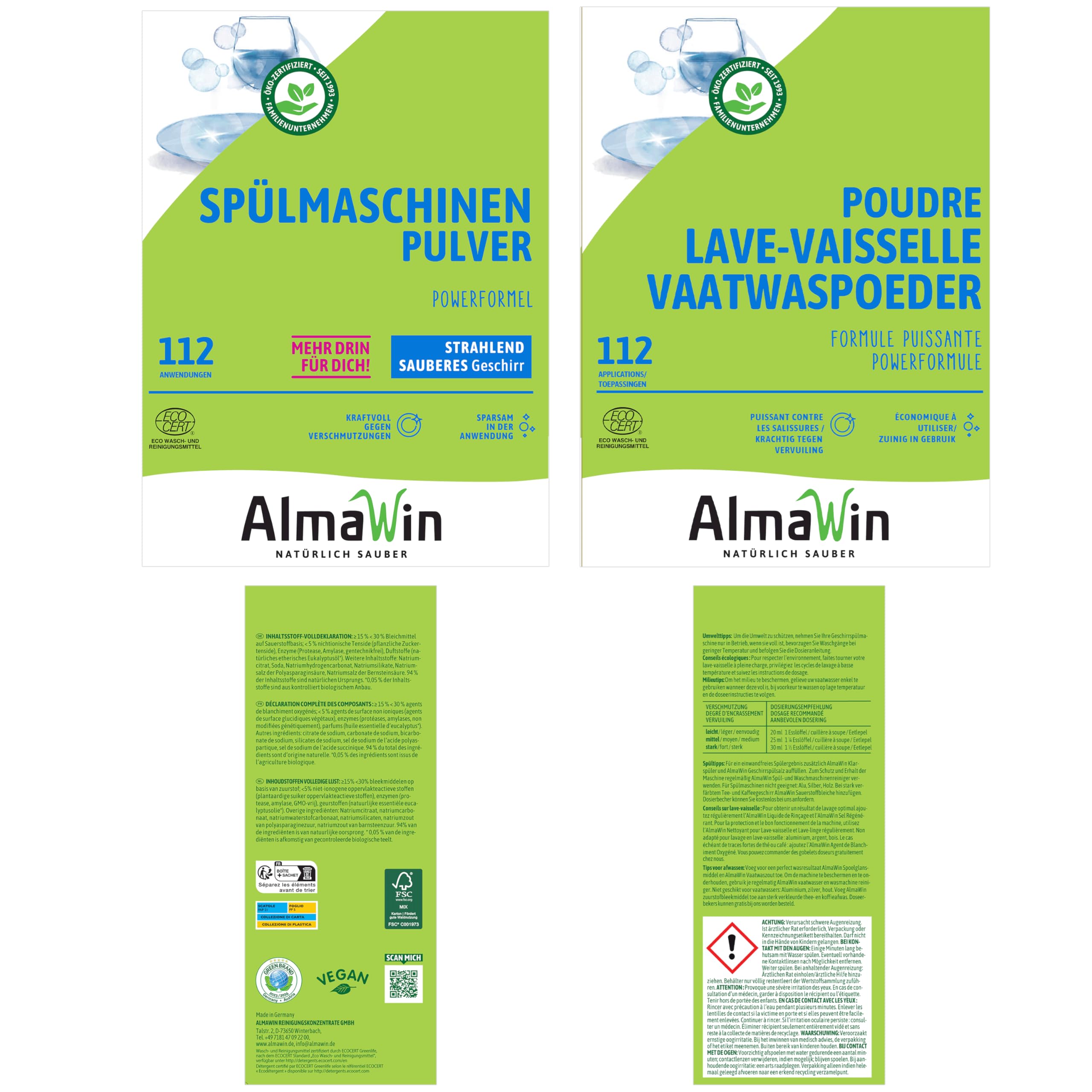 AlmaWin® Spülmaschinen Pulver mit Powerformel für strahlend sauberes Geschirr [4x 2,8kg - 448 Anwendungen] - Kraftvolles Geschirrspülmittel Pulver - Ohne Phosphate, Öko & VEGAN, Dishwasher Powder
