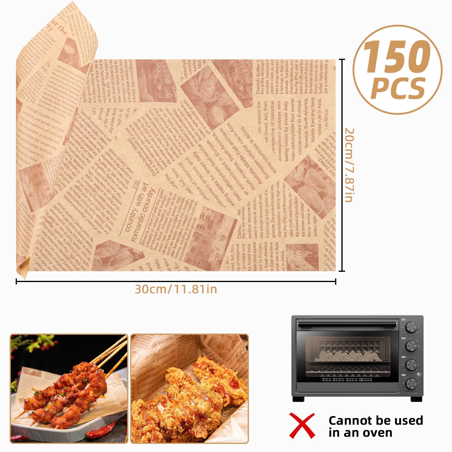 150 Carta Alimentare Fogli, 30x20cm Carta da Imballaggio Alimentare, Carta Oleata per Alimenti, Resistente All'acqua e All'olio, per Panini, Patatine Fritte, Hamburger, Formaggio, Torte