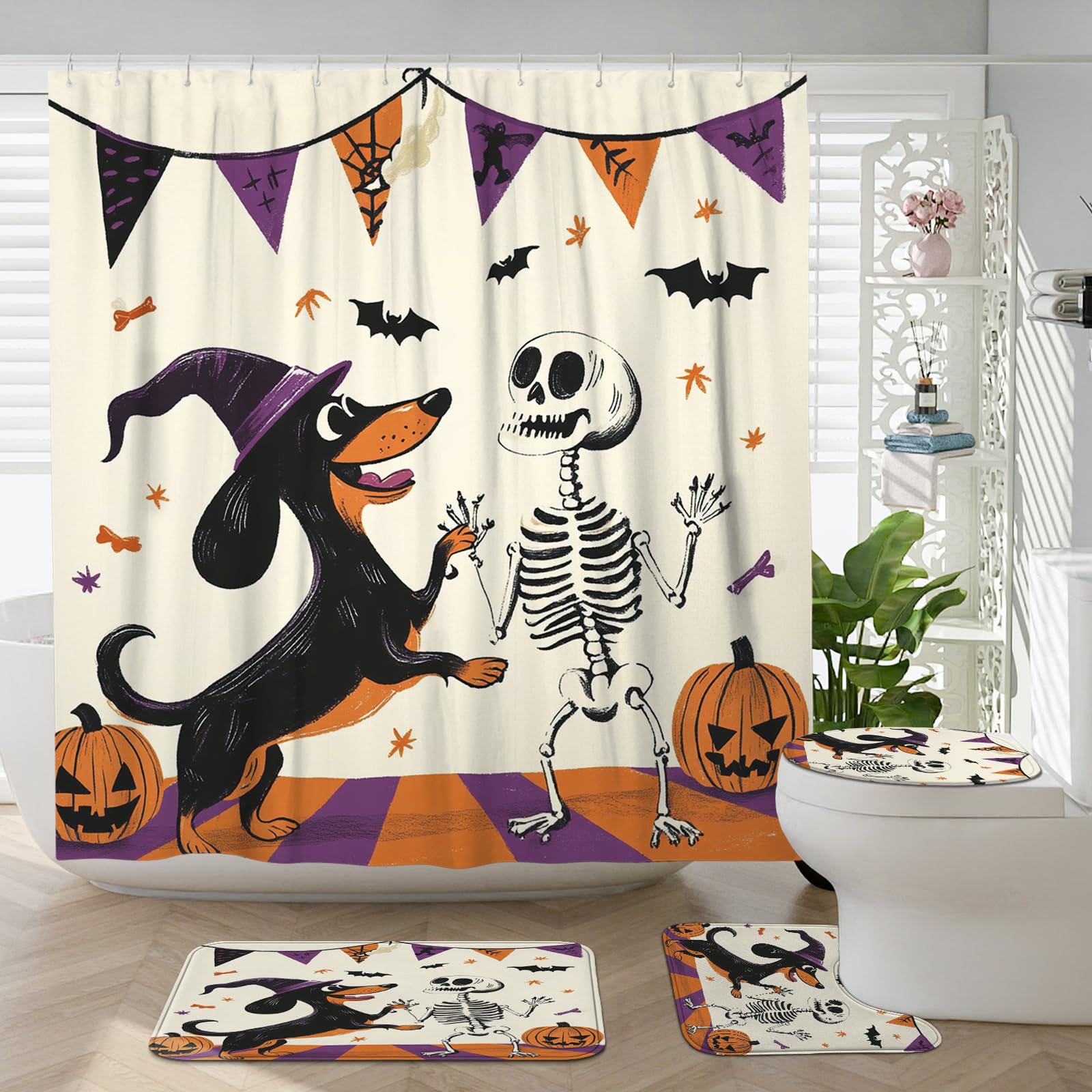 Tapis antidérapant Halloween et rideau de douche tête de mort pour WC