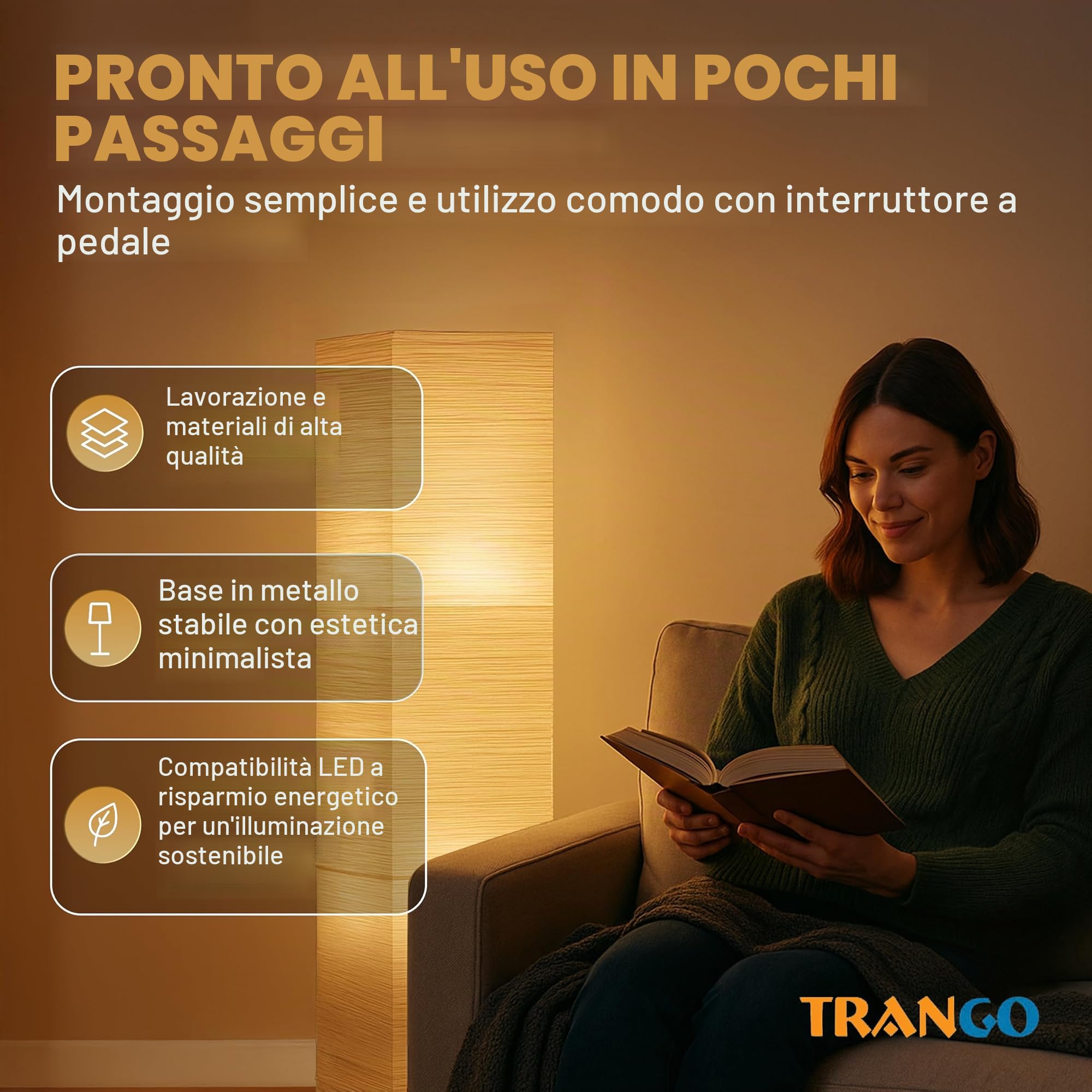 Trango 1213 Lampada da terra di design * OSLO * Lampada in carta di riso *FATTA A MANO* Lampada da terra con paralume beige incl. 2x attacco E14, forma: angolare, altezza: 123 cm, lampada da soggiorno