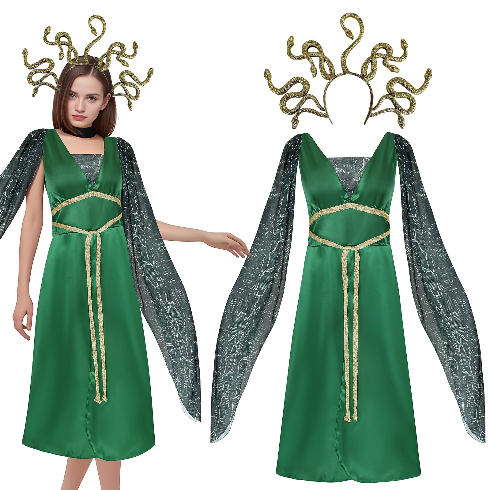 Skknuny Medusa Costume Women Greek Goddess Outfits Cosplay Medusa Fancy Dress with Headwear for Halloween Carnival Adults (S)